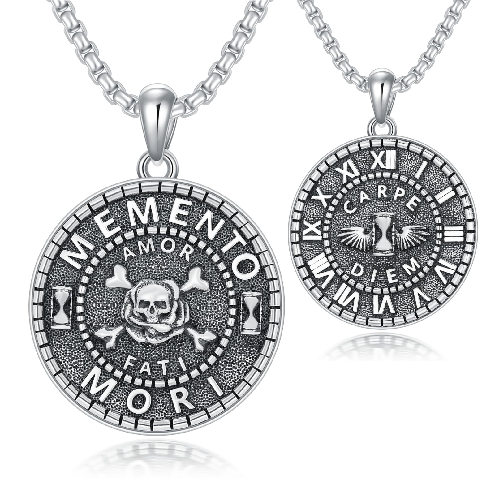 PELOVNYMemento Mori Necklace 925 Sterling Silver Amor Fati Coin Necklace Carpe Diem Skull Jewelry Christmas Birthday Stoicism Gifts for Men Women Unisex