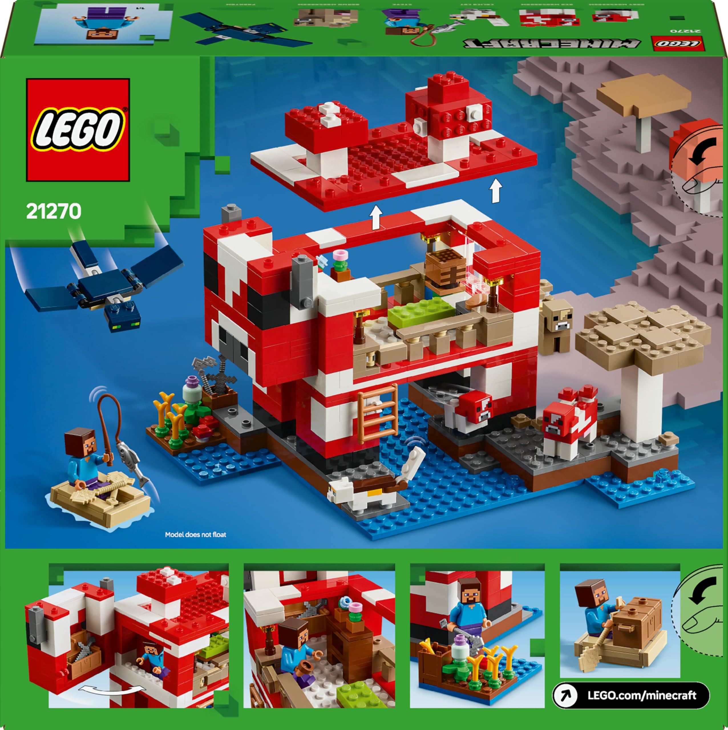 LEGO Minecraft La Casa-Champiñaca de Juguete - Kit de Construcción con Figura de Steve, Criaturas, Mesa de Trabajo y Granja de Juguete - Regalo Gamer para Niños y Niñas de 8+ Años 21270