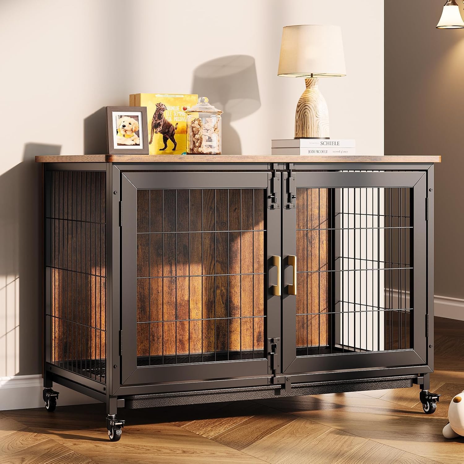 Cage pour chien de grande taille 95 cm - Caisses en bois XL - Cage d'intérieur avec roues verrouillables - Meuble robuste pour animaux de compagnie de petite à moyenne taille - 95 x 65 x 60 cm