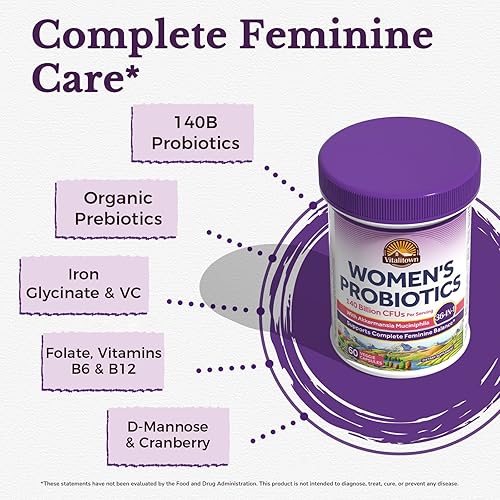 Miniatura 4 de Vitalitown Probióticos para mujeres, 140 mil millones de UFC, 20 cepas, probiótico Akkermansia con hierro, vitamina C B6 y B12, enzimas digestivas