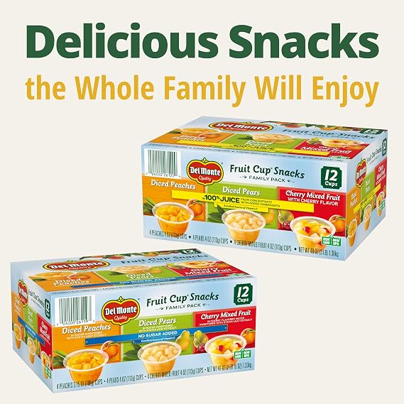 Del Monte Fruit Cup Snacks Variety Pack in 100% Juice, 4 oz Cups (12 Pack) Diced Peaches, Diced Pears, Cherry Mixed Fruit