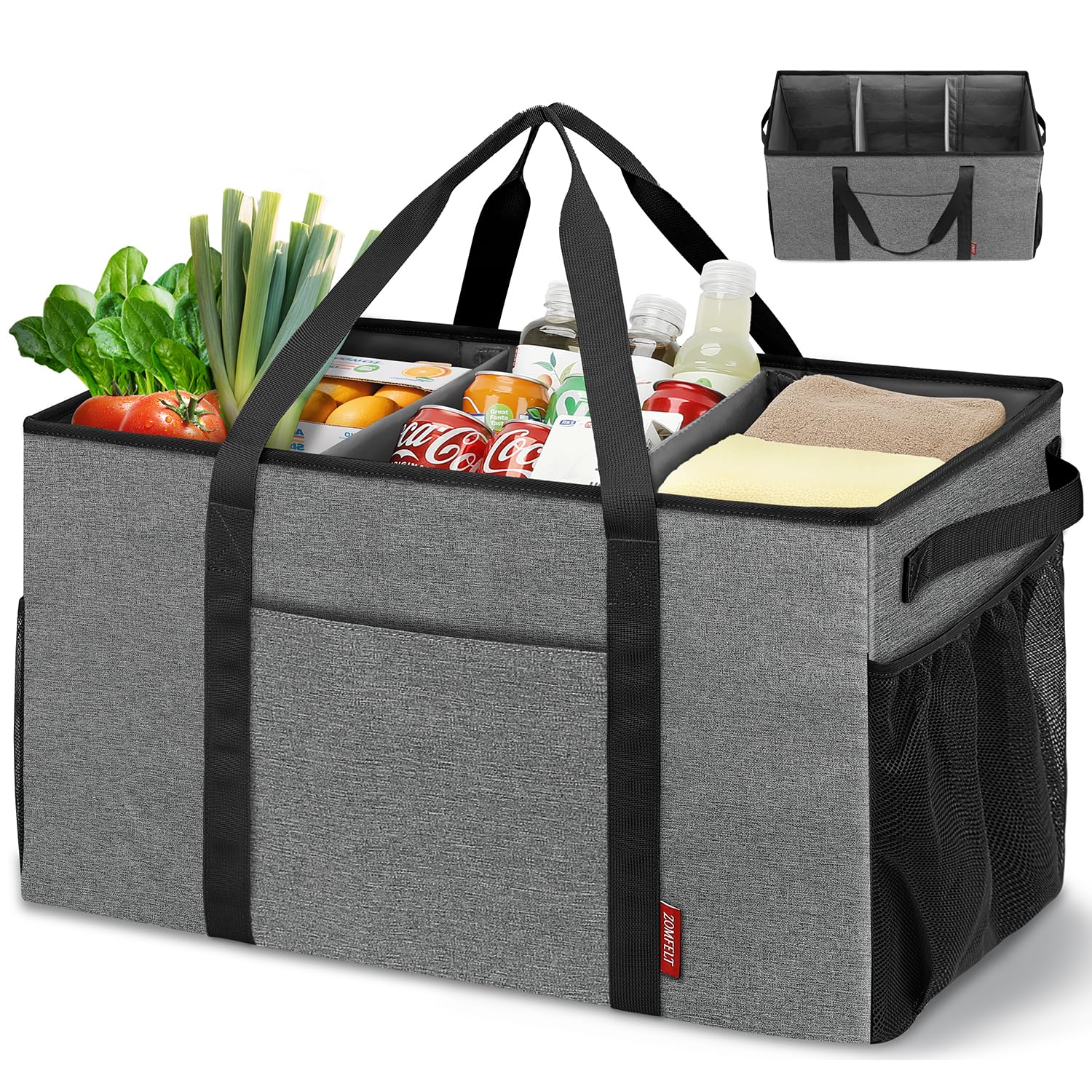 ZOMFELT 75L Standing Extra Large Utility Tote Bag with Removable Dividers 4-sided Reinforced Reusable Grocery Shopping Bags