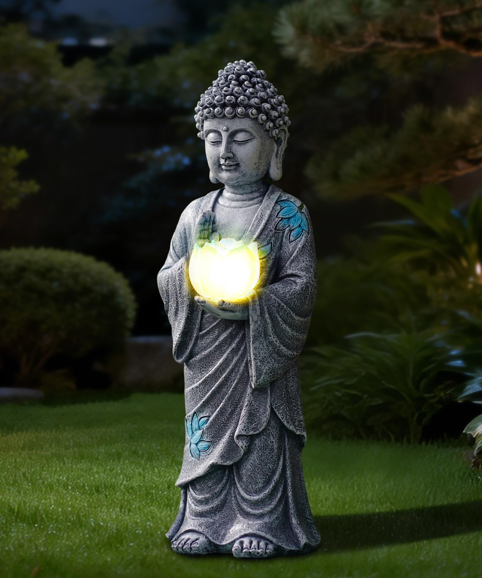 Goodeco Statue de Bouddha solaire avec lumières de lotus bleues – Décoration de jardin zen debout pour terrasse, cour, balcon, décoration de jardin – Cadeaux pour homme et femme – Gris méditation