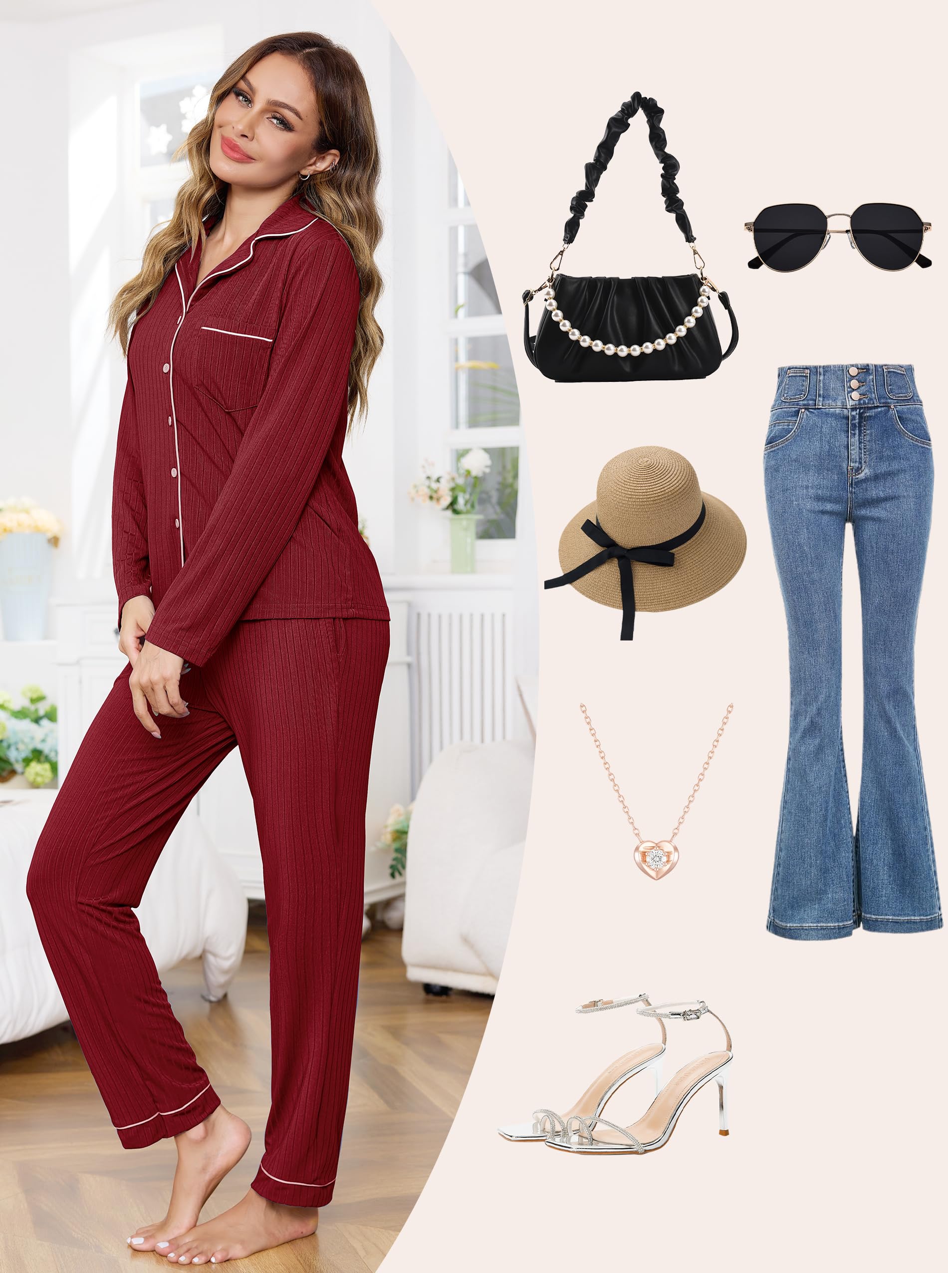 Wikoan Pigiama da Donna Set Pigiama Invernale Pigiama a Righe Maniche Lunghe e Pantaloni Lunghi S-XXL