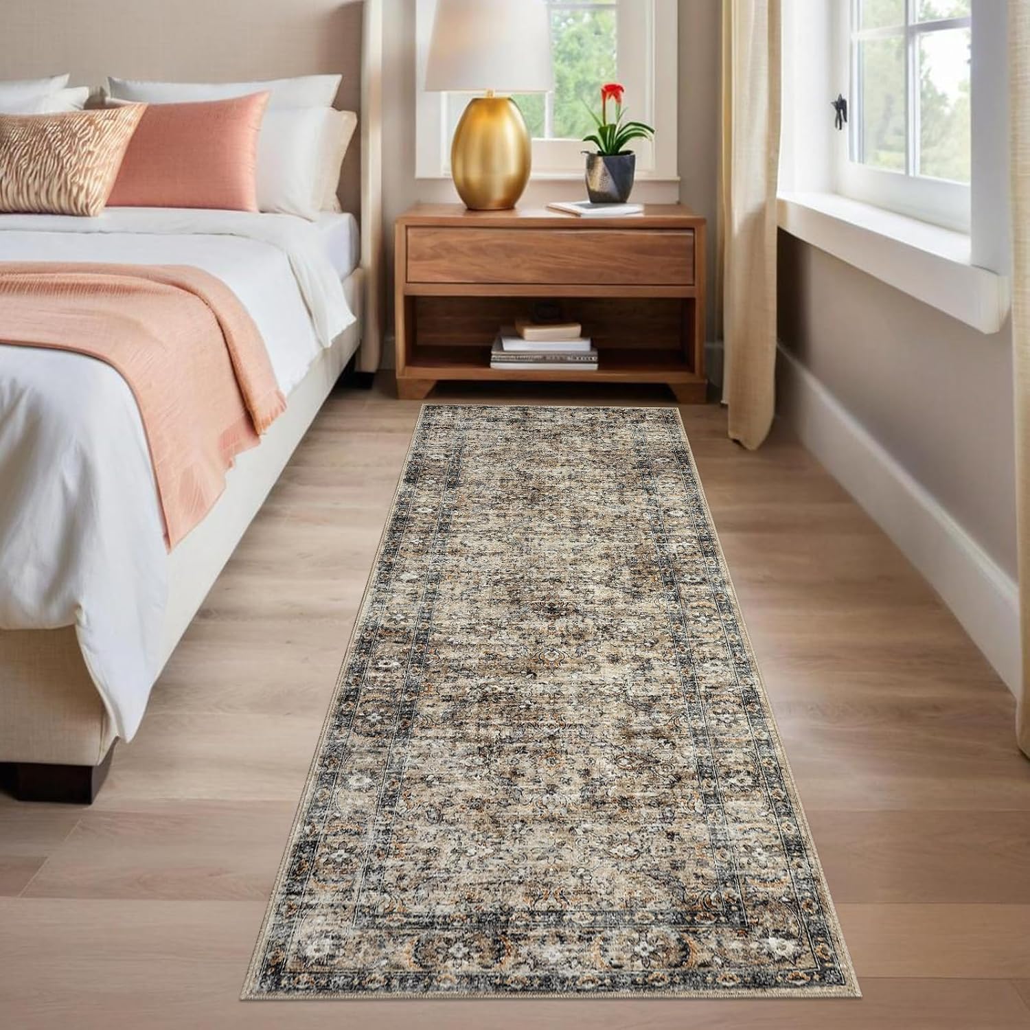 GarveeHome Washable Runner Rug 2x6 Vintage Carpet Runner with Non Slip Backing Foldable Non Shedding Retro Accent Rug Low Pile Distressed Throw Rug for Hallway Office Bedroom, Brown