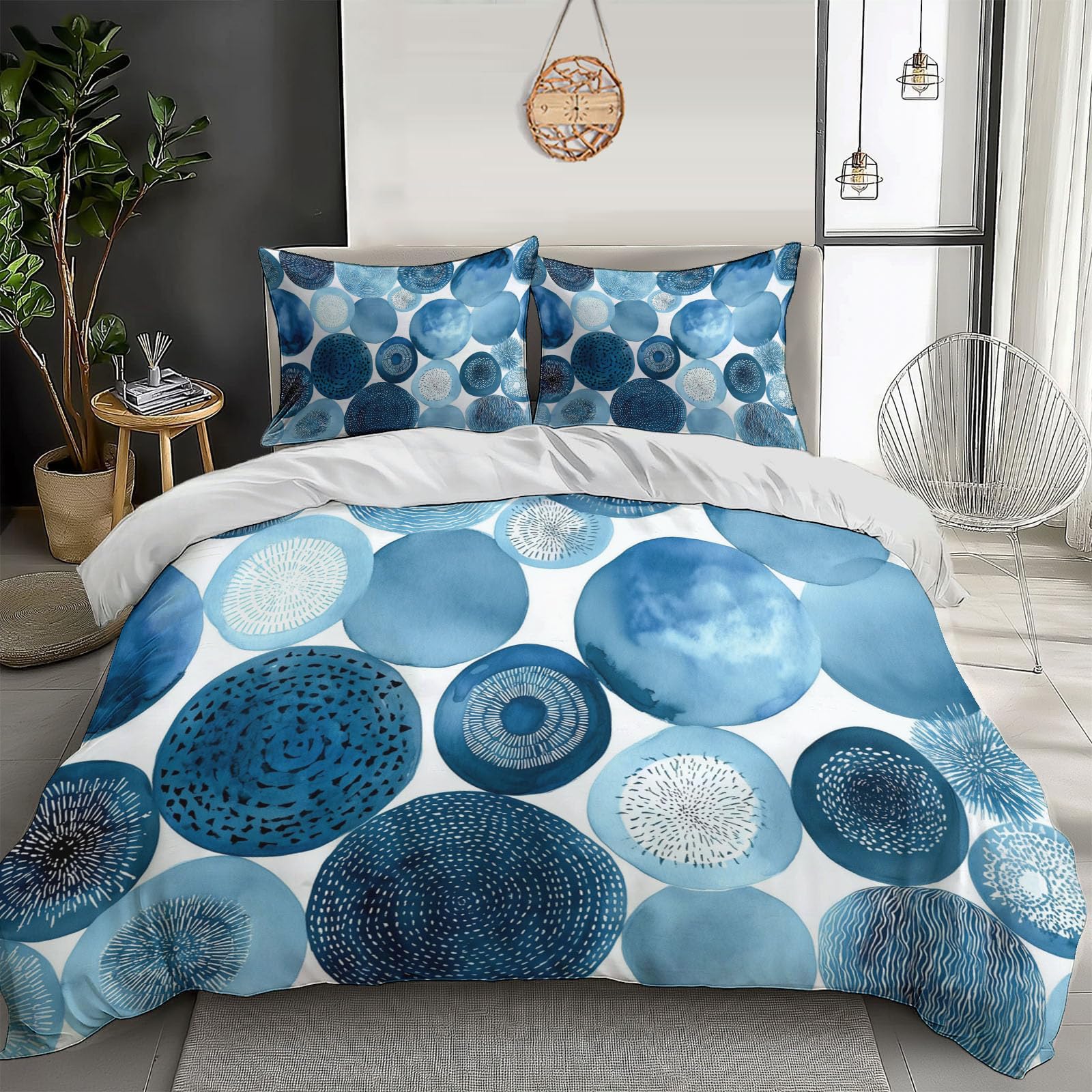 Housse de couette 240x260 cm parure de lit 3 pièces microfibre bleue géométrie