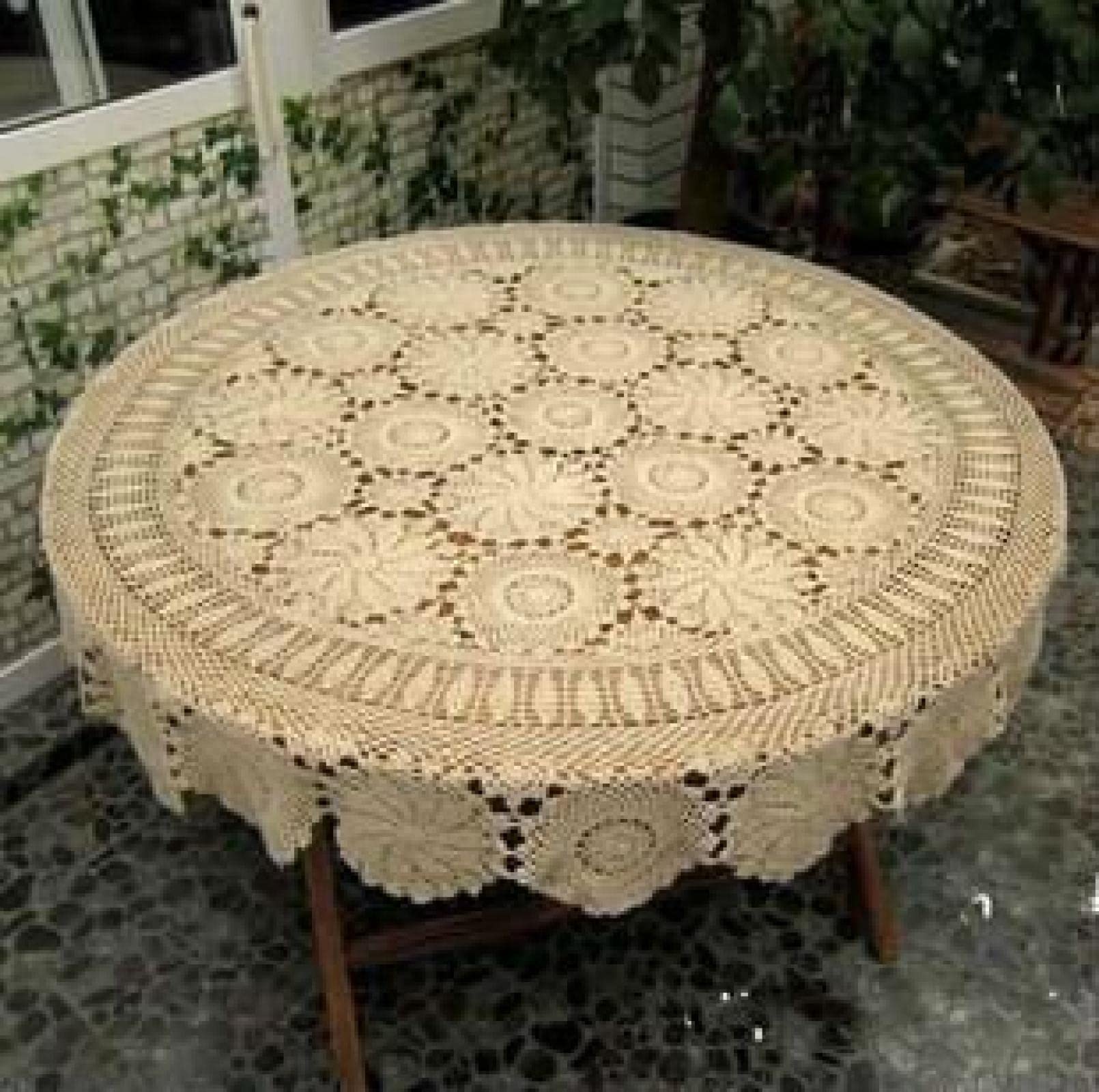 Mantel de ganchillo hecho a mano, redondo, 150 cm, color beige