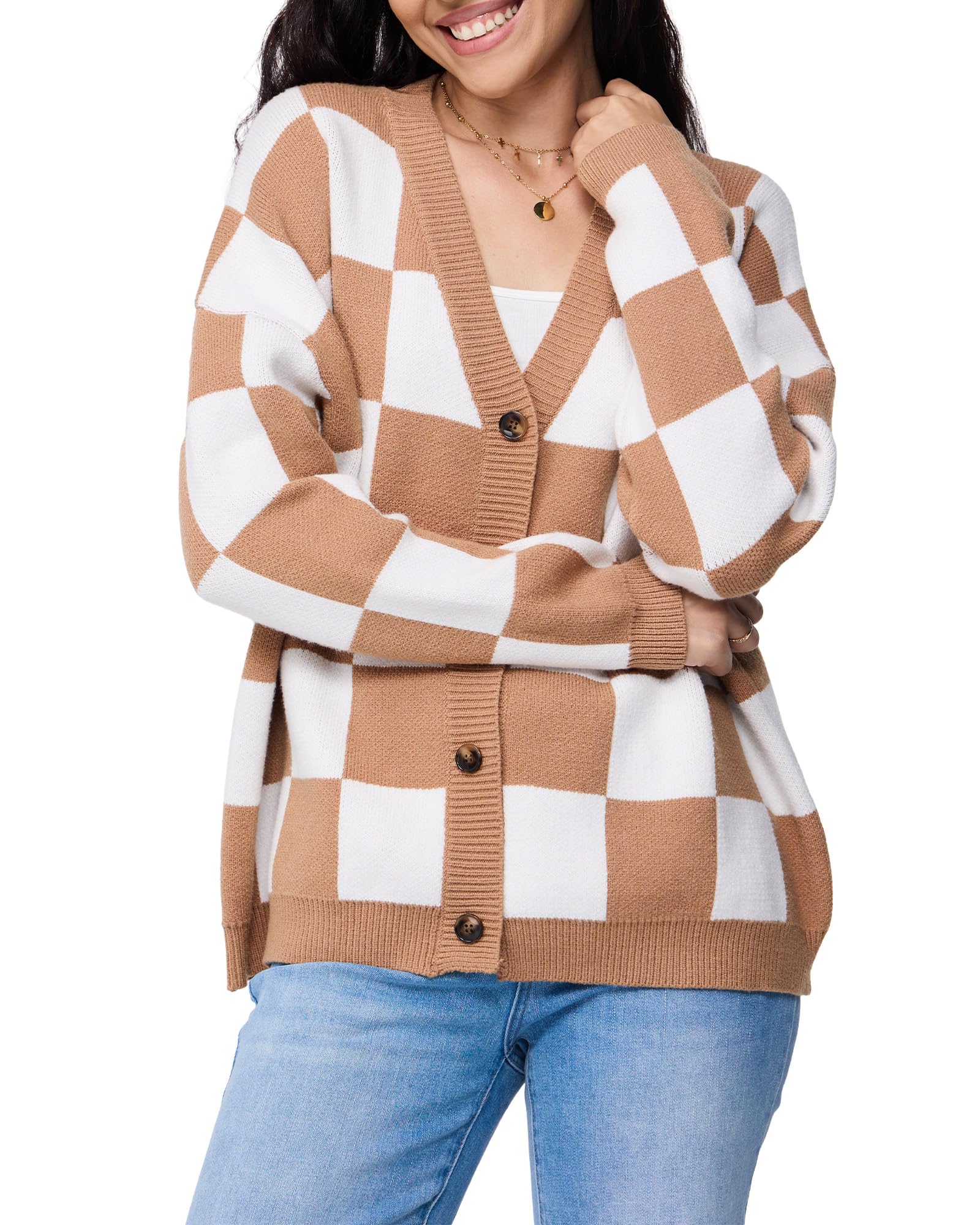 Womens Plaid V Neck Cardigan Button Down Long Sleeve Cable Knit Oversized Sweaters Tops