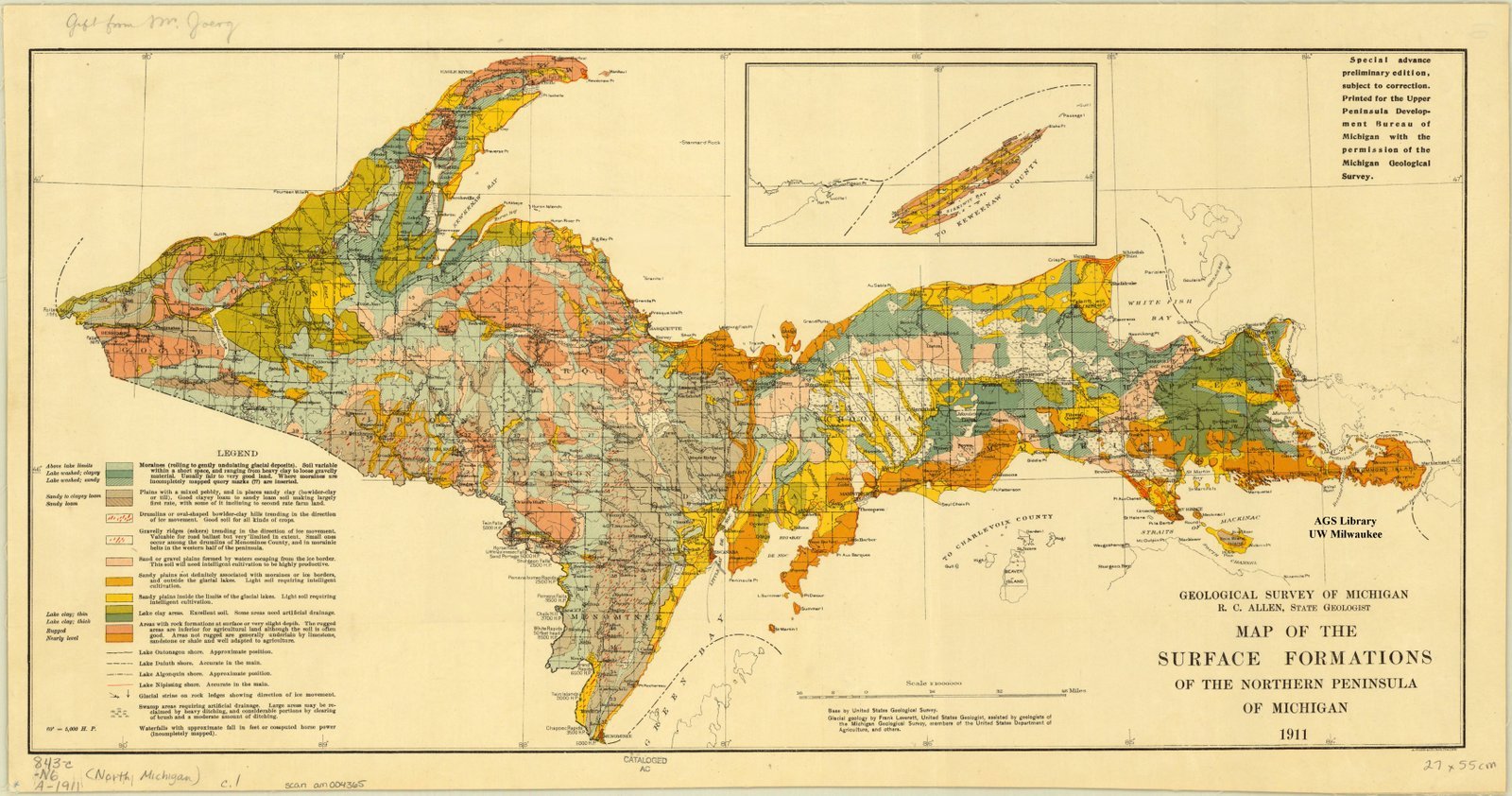 Buy Historic Map Michigan, Upper Peninsula 1911 Map of The Surface