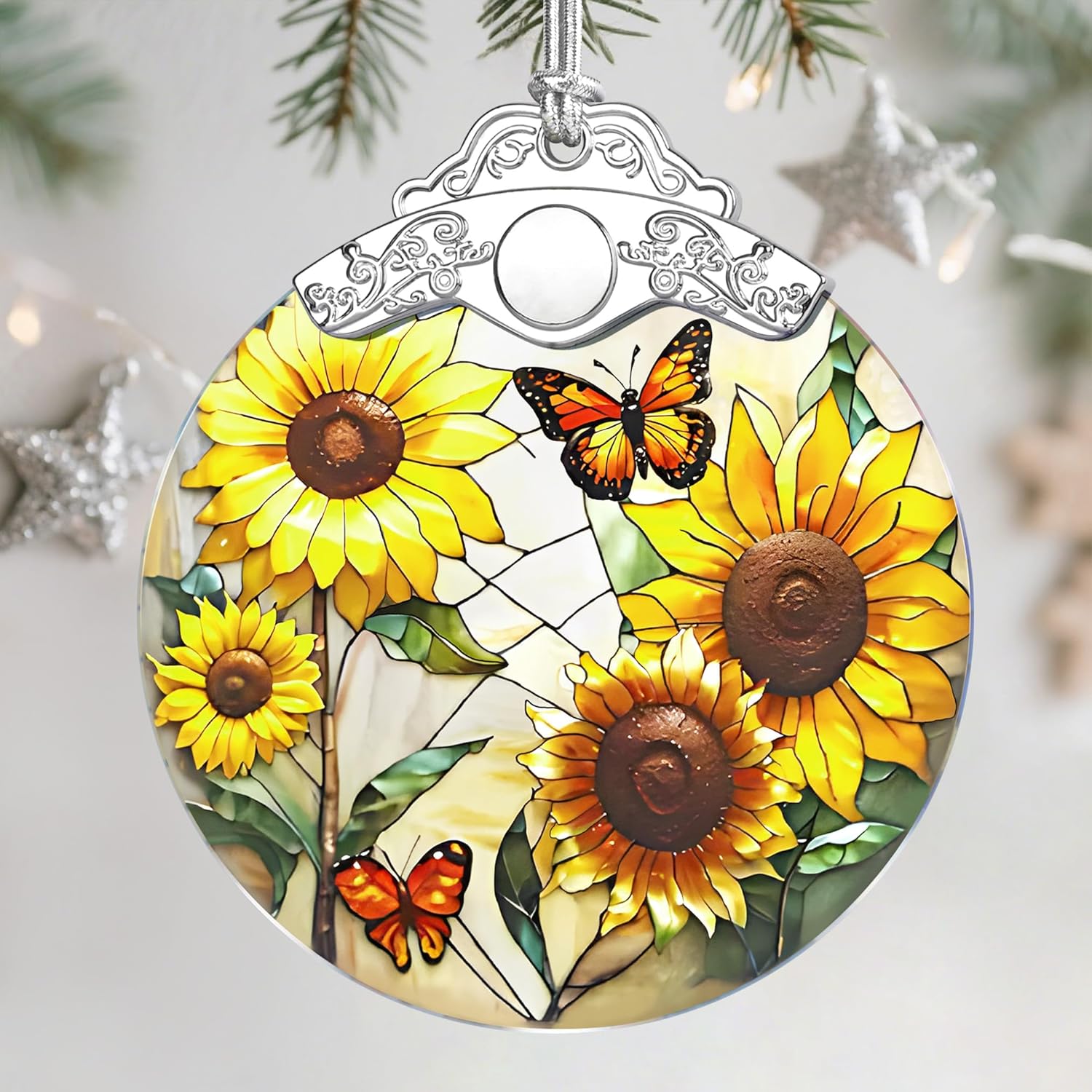 Stained Glass Ornament, Christmas Ornament, Hanging Ornaments for Home Decor & Christmas Tree Ornaments – Exquisite Holiday Decor, Xmas Gifts & Holiday Present - Sunflower & Butterfly