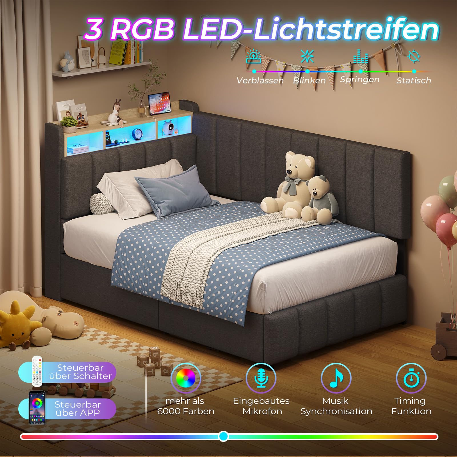 Polsterbett mit LED Beleuchtung, Jugendbett 90 x 200 cm, boxspringbett mit Ladestation, Kopfteil mit verstecktem Stauraum, Bettgestell mit großer Bettkasten, für Schlafzimmer, Gästezimmer, Grau
