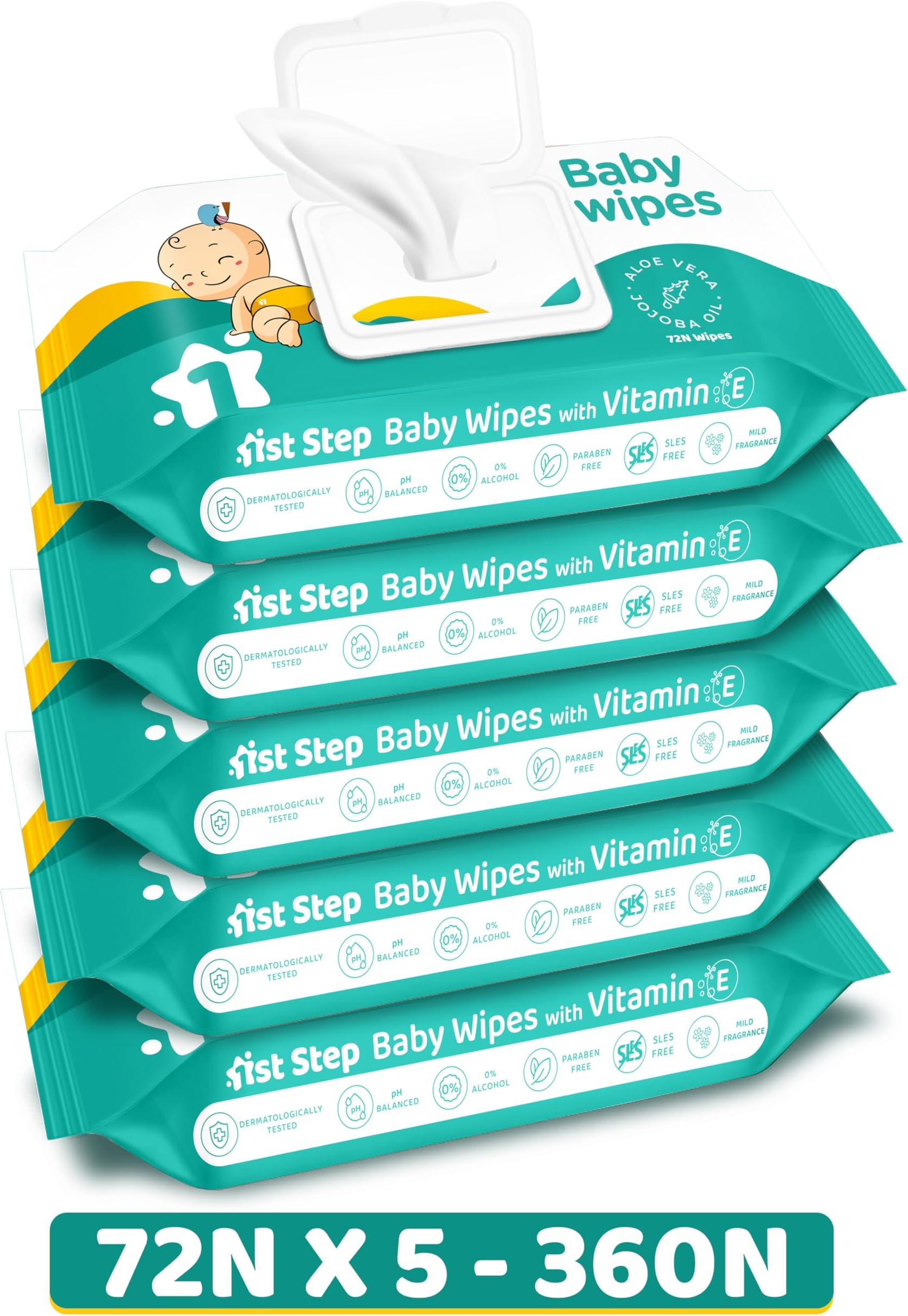 1st Step Baby Wipes with Lid Enriched and Aloe-Vera and Jojoba Oil (72 Wipes/Pack x 5 Packs = 360 Wipes)