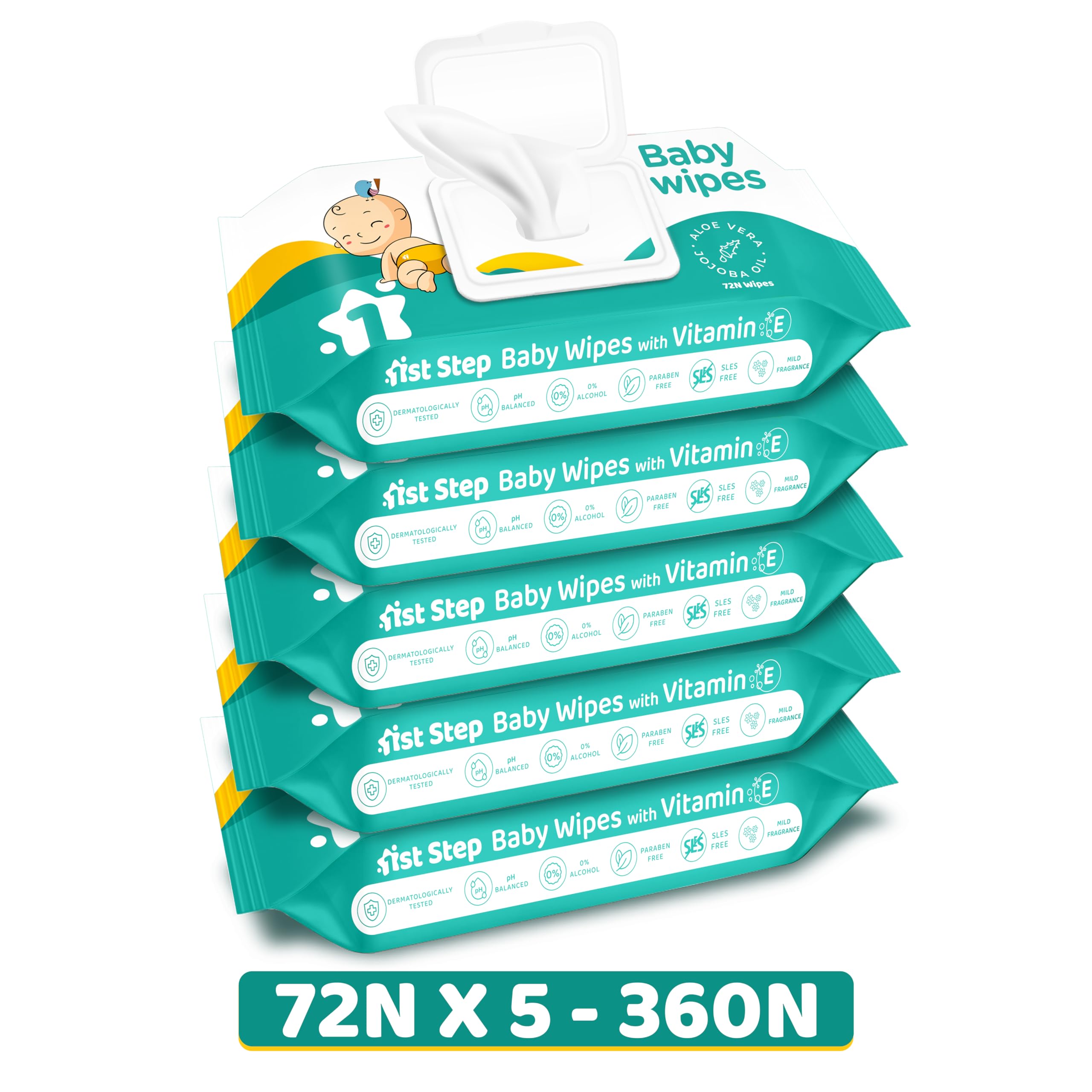 Baby Wipes with Lid Enriched and Aloe-Vera and Jojoba Oil (72 Wipes/Pack x 5 Packs = 360 Wipes)
