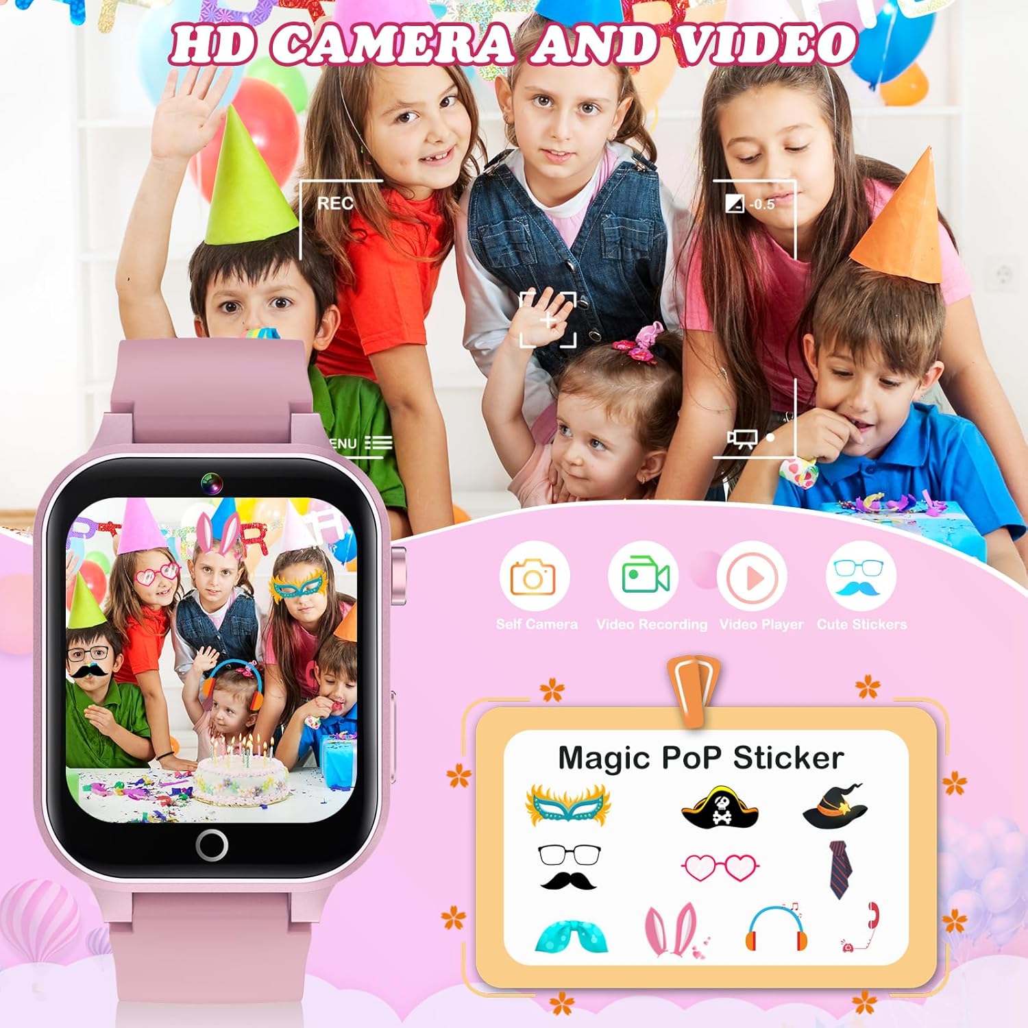 Kids Smart Watch with Camera, Video, Music Player, Alarm Clock, Stopwatch, Calendar, Pedometer, 1.54'' HD Touchscreen, Shockproof, IP68 Waterproof for Girls Boys 6-12 Years Old (Pink)