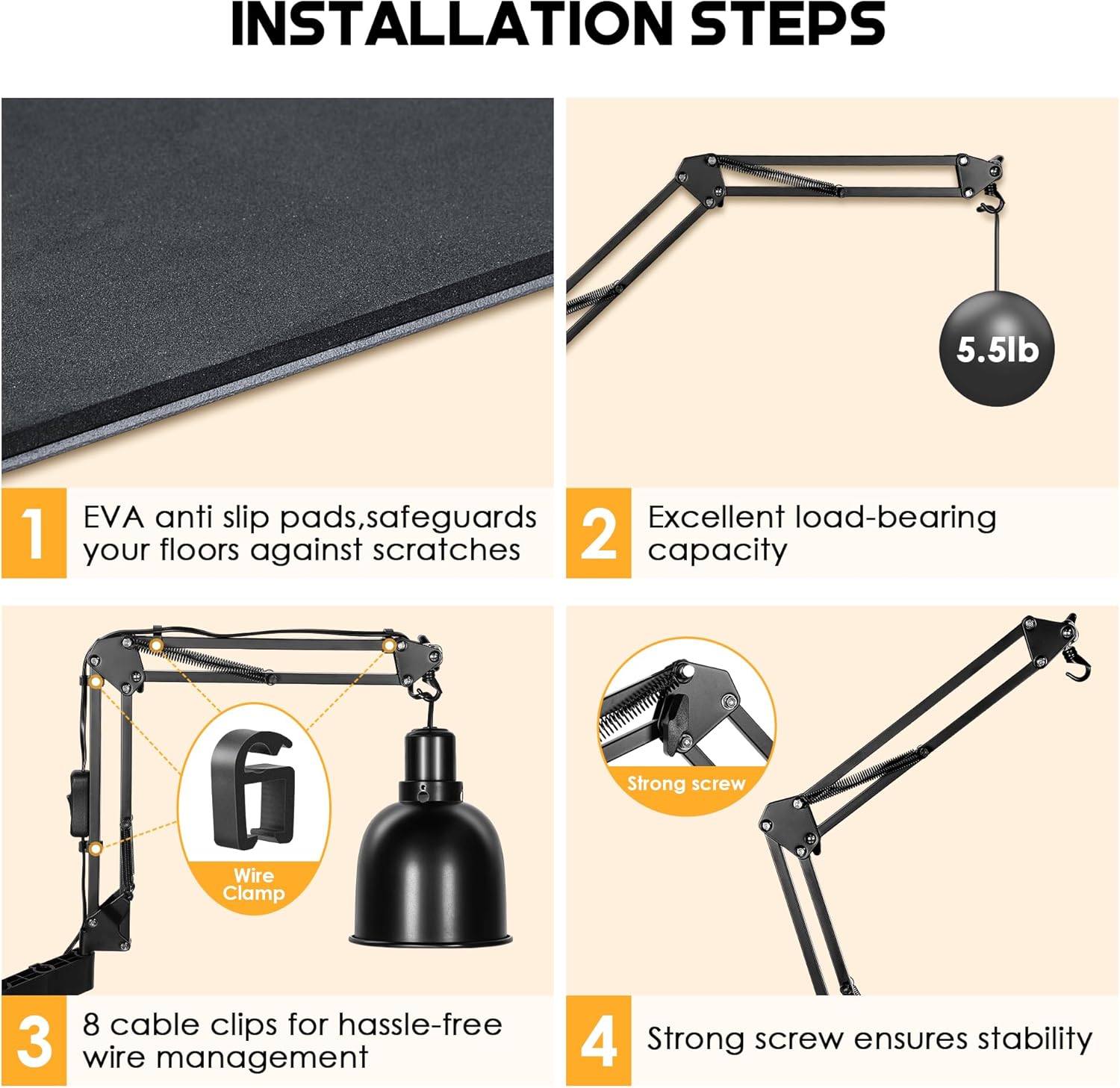 Enhon Reptile Heat Lamp Stand, Dual Reptile Light Stand with Two Flexible Brackets, Adjustable Heat Lamp Stand (15.7-74.3inch) with 360° Swing Arm and Anti tip Clip for Bearded Dragon Turtles Snake
