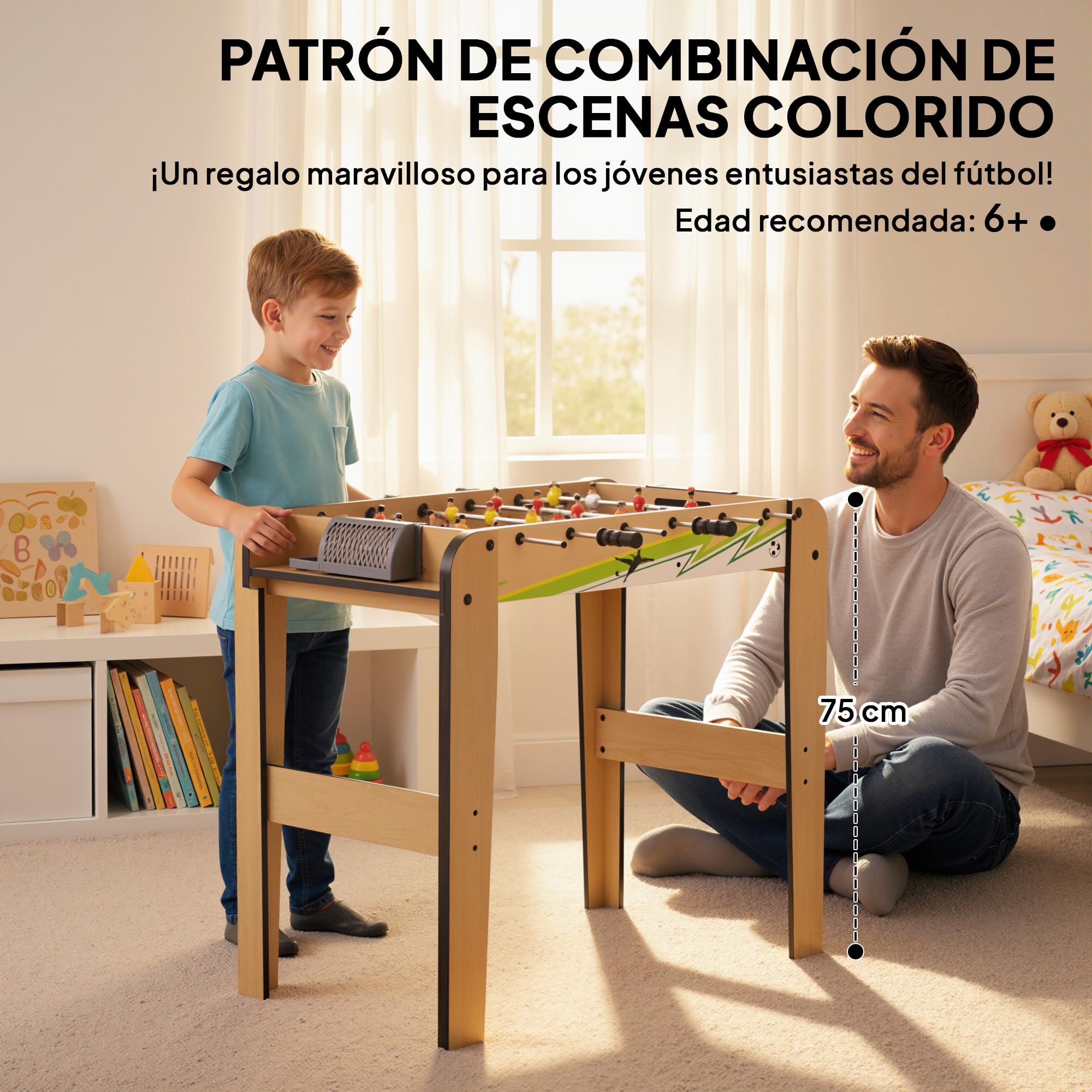 SPORTNOW Futbolín para Niños de Madera, Mesa de Futbolín con 2 Marcadores, 6 Asas, 18 Jugadores, 6 Barras y 2 Bolas, Regalo para Adultos, Familias, Fiestas, 75x66x75 cm, Natural