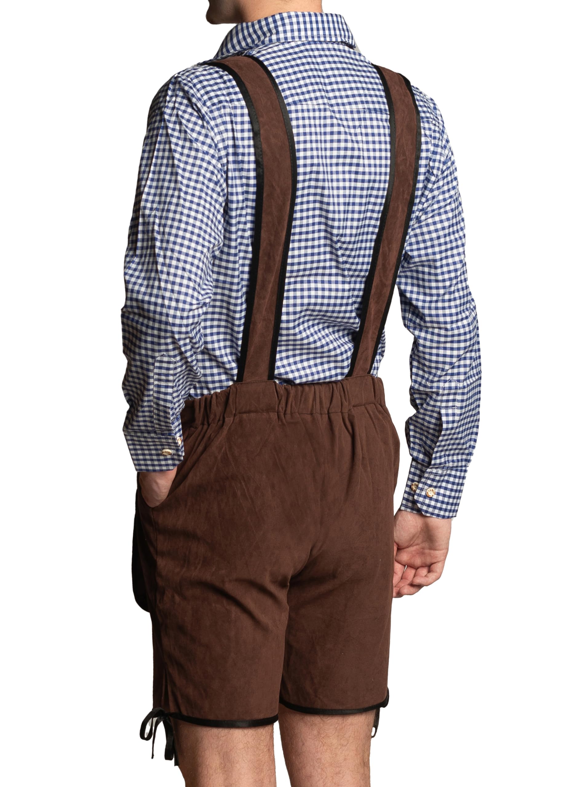 Partychimp Oktoberfest Homme's Lederhosen et chemisier (Courte Marron Foncé Polyester Lederhosen avec bretelles + Oktoberfest Chemise Bleu or Rouge) - Taille S à 2XL