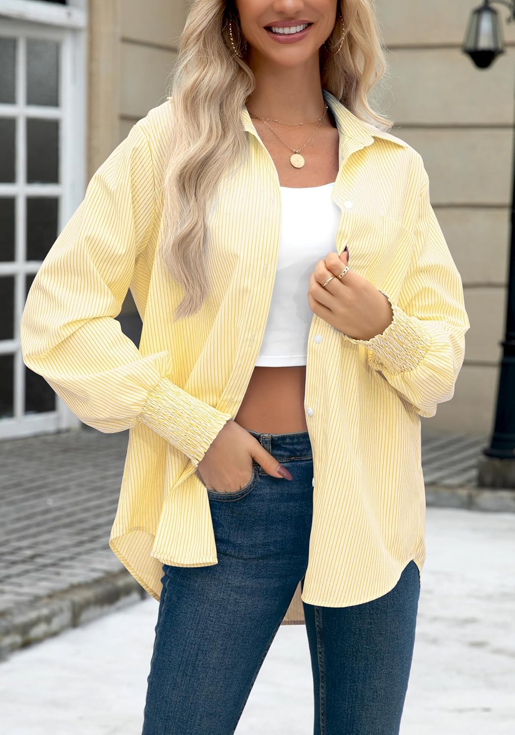 OMSJ Women’s Striped Button Down Shirts Smocked Cuffed Sleeve Stylish Collared Office Work Blouses with Pocket - Image 3