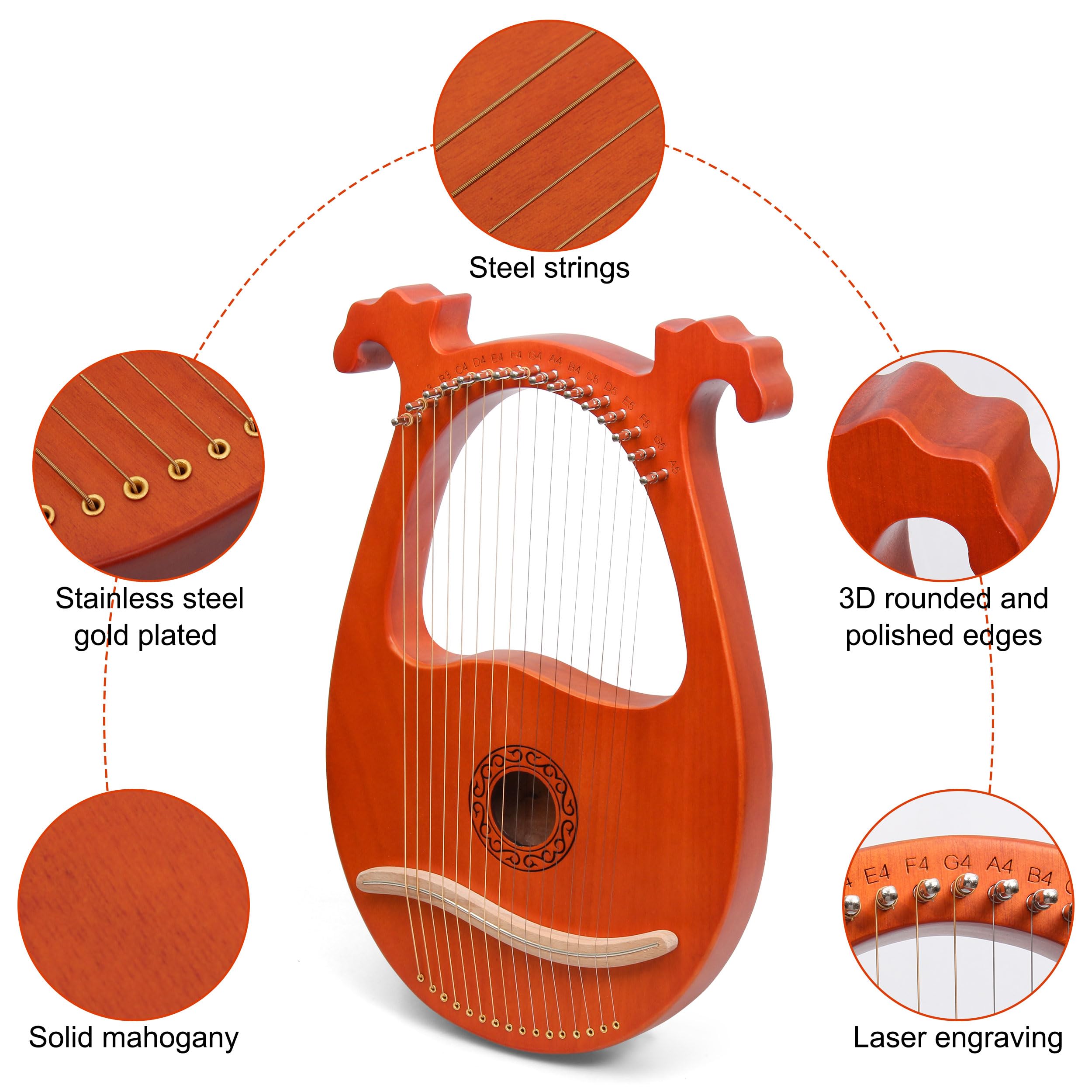 Arpa Lira 16 Corde In Mogano Arpa Piccola Strumento Musicale Lyres Lyre Harp Con Chiave Di Tunning, Tutorial Musicale, Corda di Ricambio, Plettri, Panno di Pulizia, Marrone, Antlered