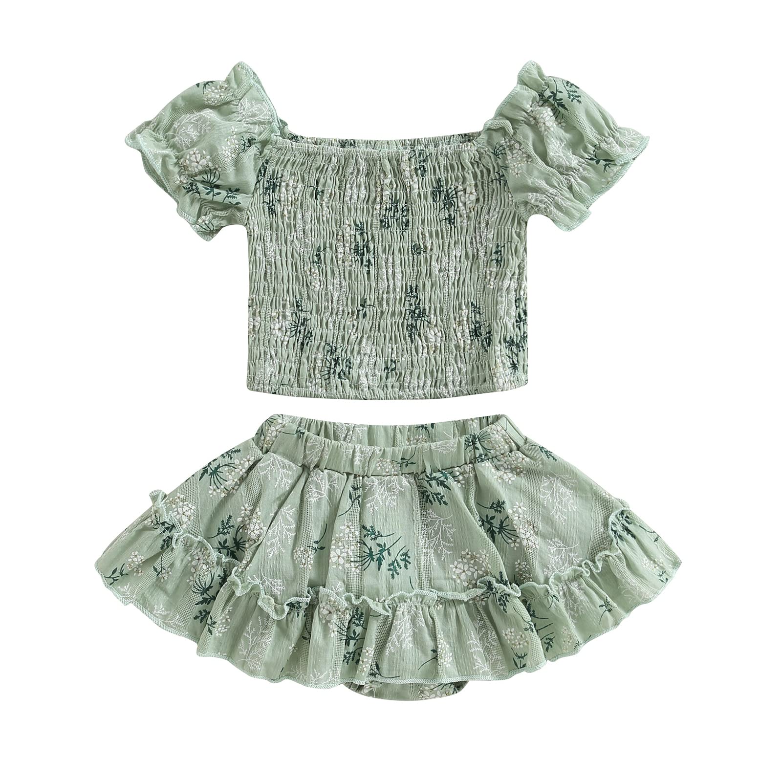 VISGOGO Kids Girls Summer Clothes Outfits Floral Print Boat Neck Short Sleeve Ruched Tops and Lined Shorts Skirts 2Pcs Suit (Green, 9-12 Months)