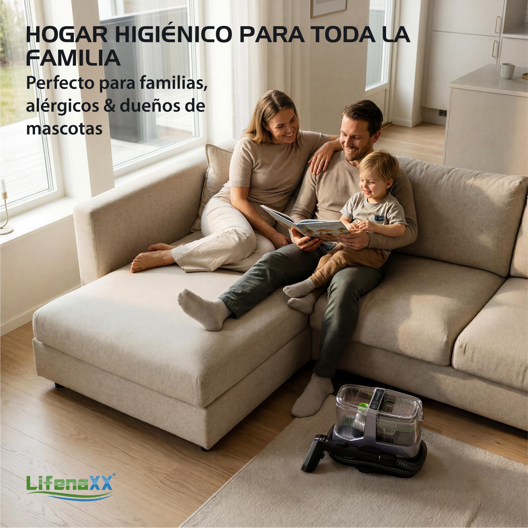 Lifenaxx Limpiador de Vapor para Tejidos 1800W Pro LX-069 | Sistema de Limpieza a Vapor con Potente Succión | Limpieza Profunda para Tapicerías, Colchones y Alfombras | Doble Depósito, 8 Accesorios