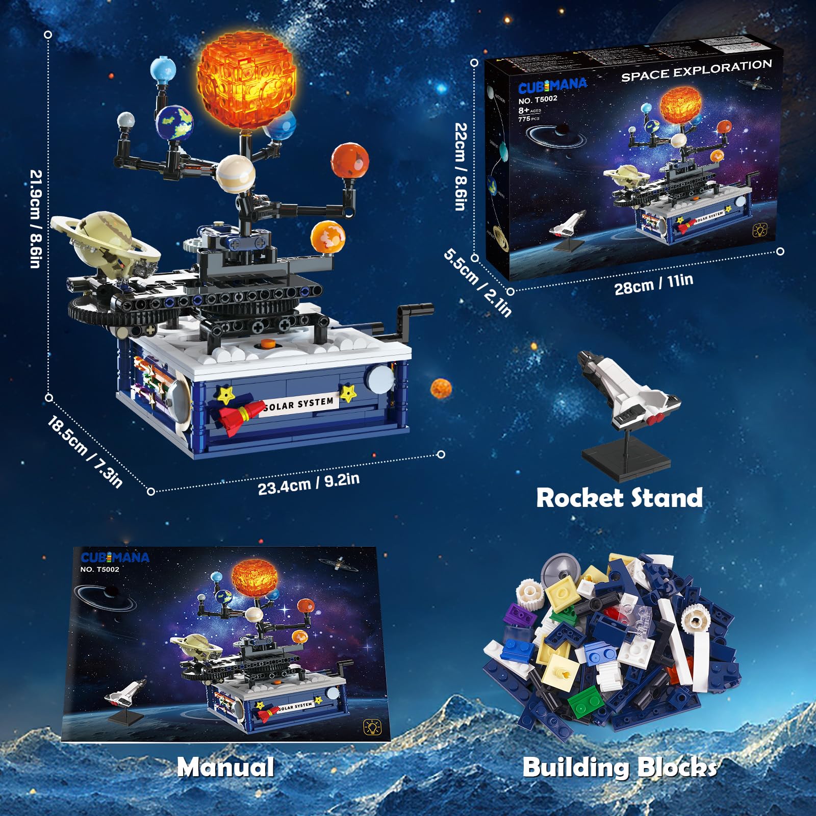 CUBIMANA Sistema Solar Juego de construcción con luz - exploración Espacial rotación Juguetes de construcción con 8 Planetas y Cohetes 775 PCS Ciencia Bloques de construcción Regalos para niños de 6