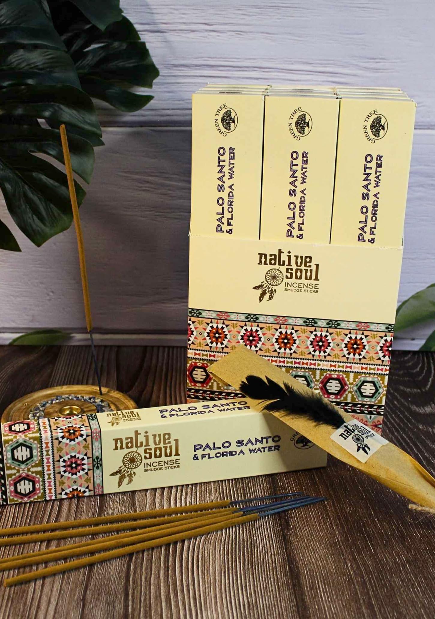 Native Soul Palo Santo & Florida Water Incense Sticks 3 Pack with JRose Wooden Burner Holder | Aromatic Smudge Incense for Meditation Yoga Relaxation Home Fragrance