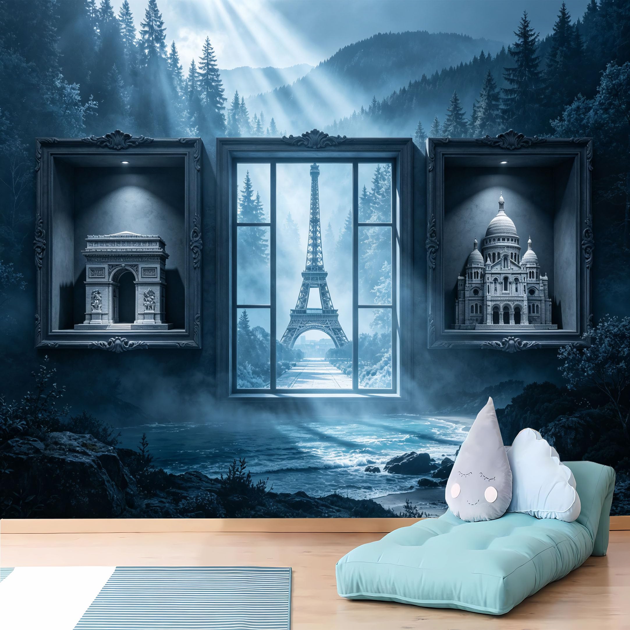 Custom Size Wall Murals,Paris Landmarks Eiffel Tower View from Framed Windows Wall Murals,Wall Stickers,Self-Adhesive Removable Wallpaper for Living Room