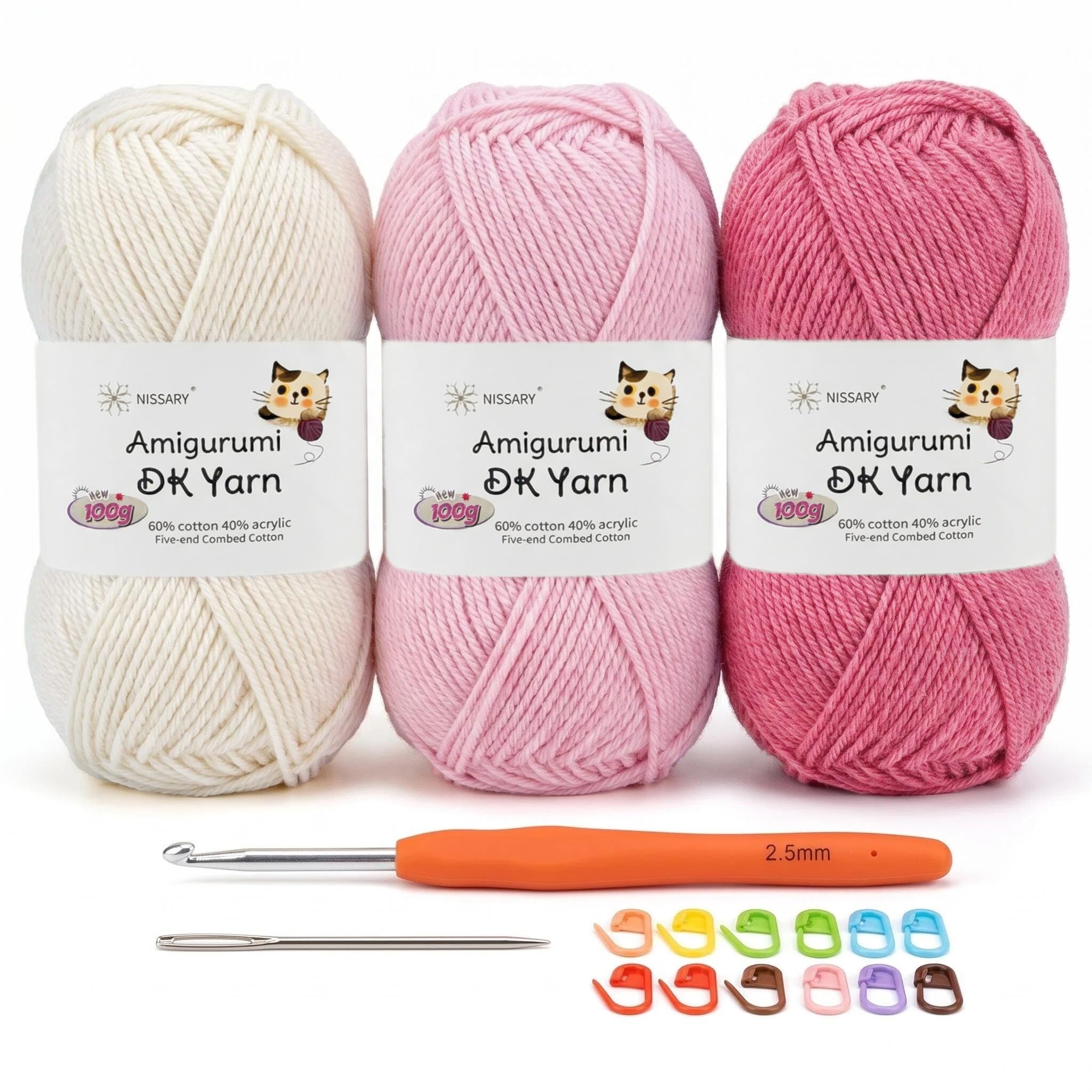 Crochet Yarn 3x100g Cotton DK Yarn（60% Cotton 40% Acrylic Knitting Wool Crochet Kits with 2.5mm Hook & Accessories, Double Knitting Wool for Beginners, Ideal for Baby Crafts Large Projects Pink White