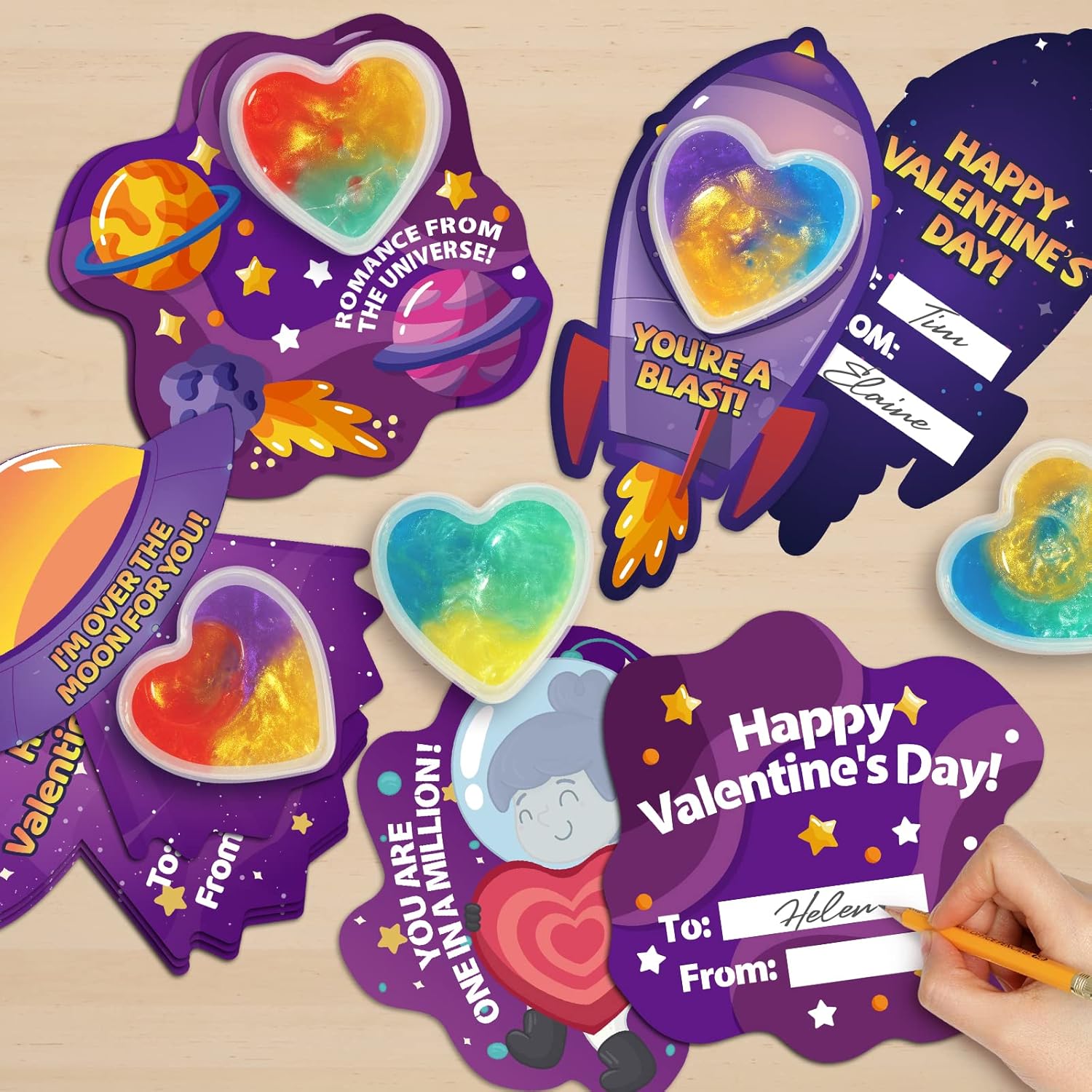 Valentines Day Cards for Kids- 28 Set of Heart Shape Galaxy Slime Toys and Cards Bulk for Valentine Exchange Gifts, Perfect School Classroom Valentines Party Favors,Valentine's Events and Prizes