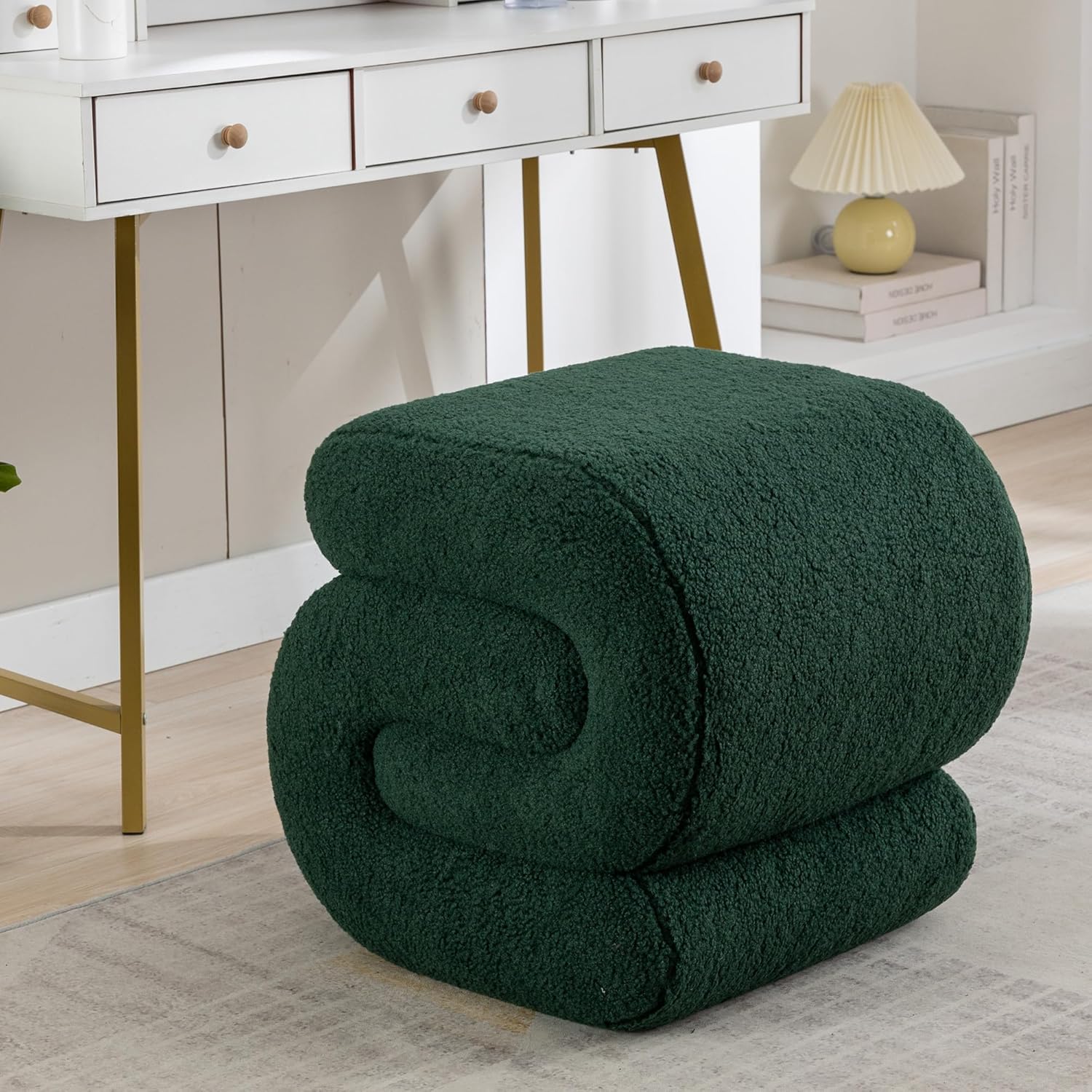 Foot Stool, Modern S-Shape Teddy Fabric Ottoman Makeup Chair Footstool Under Desk, Upholstered Extra Seating for Living Room, Bedroom, Entryway, Office (Green-1)