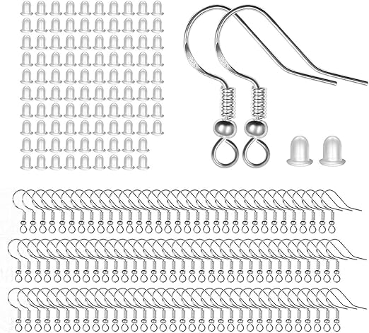 100 PCS / 50 Pairs 925 Sterling Silver Earring Hooks, Hook Ear Wires with 100 PCS Clear Rubber Silicone Earring Safety Backs Stoppers, for DIY Jewelry Making