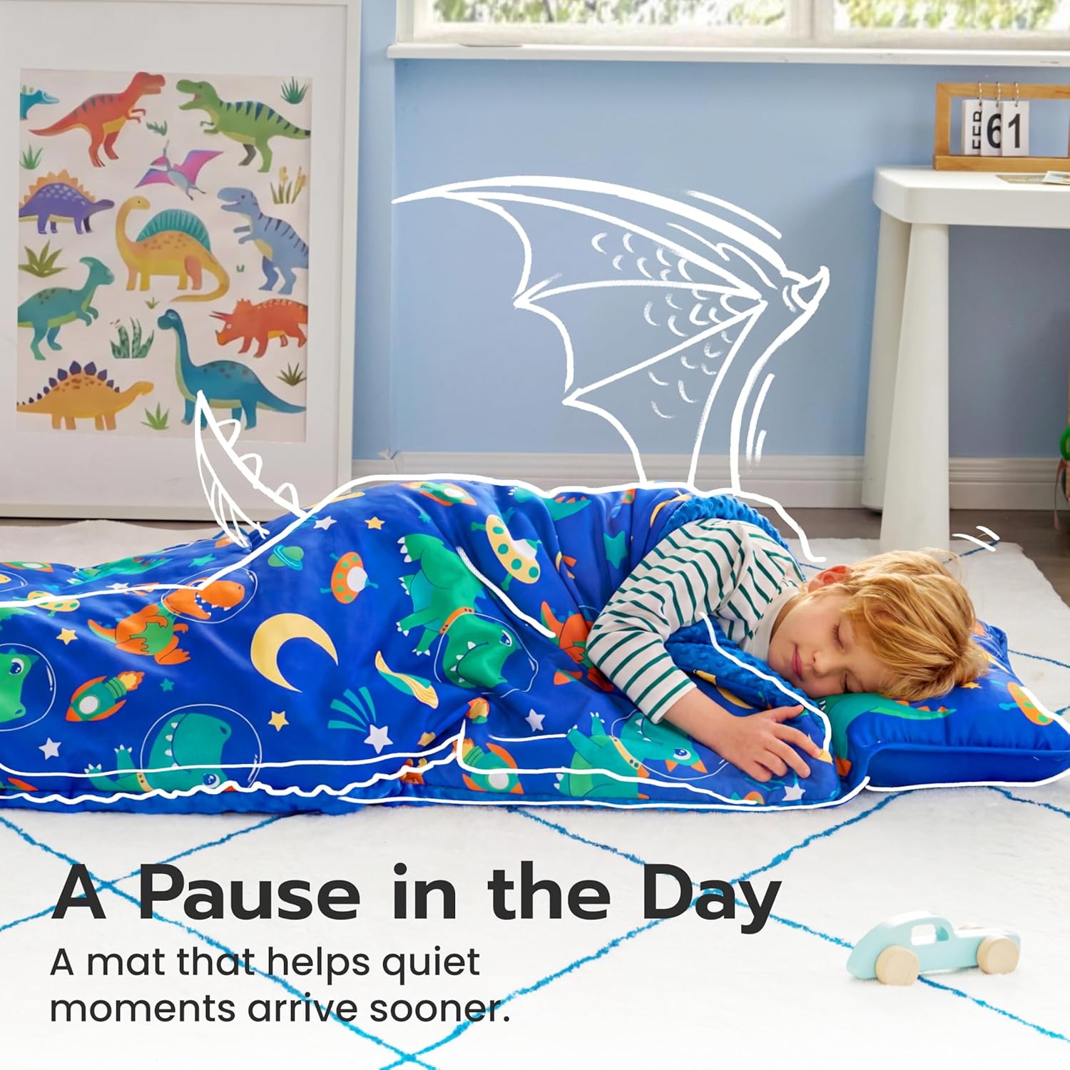 JOIEDOMI Toddler Sleeping Bag for Kids 55''x30'' Nap Mat with Removable Pillow and Minky Blanket for Toddler Ages 3-7 Roll Up Soft Kids Sleeping Bag for Boys Girls Kindergarten Daycare Sleepover
