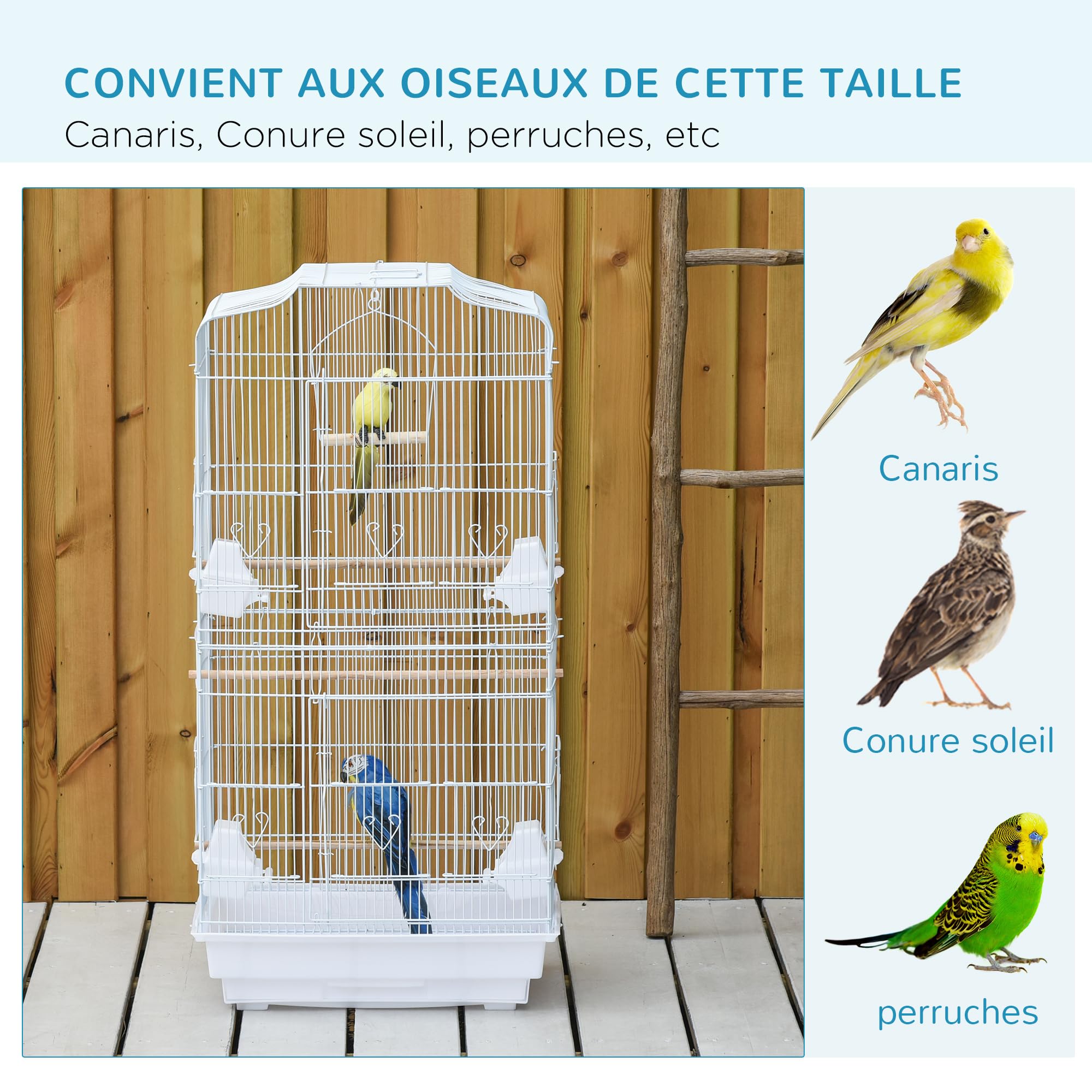 Pawhut Cage à Oiseaux Volière avec Mangeoires Perchoirs Plateau Amovible 46,5 x 35,5 x 92 cm Blanc