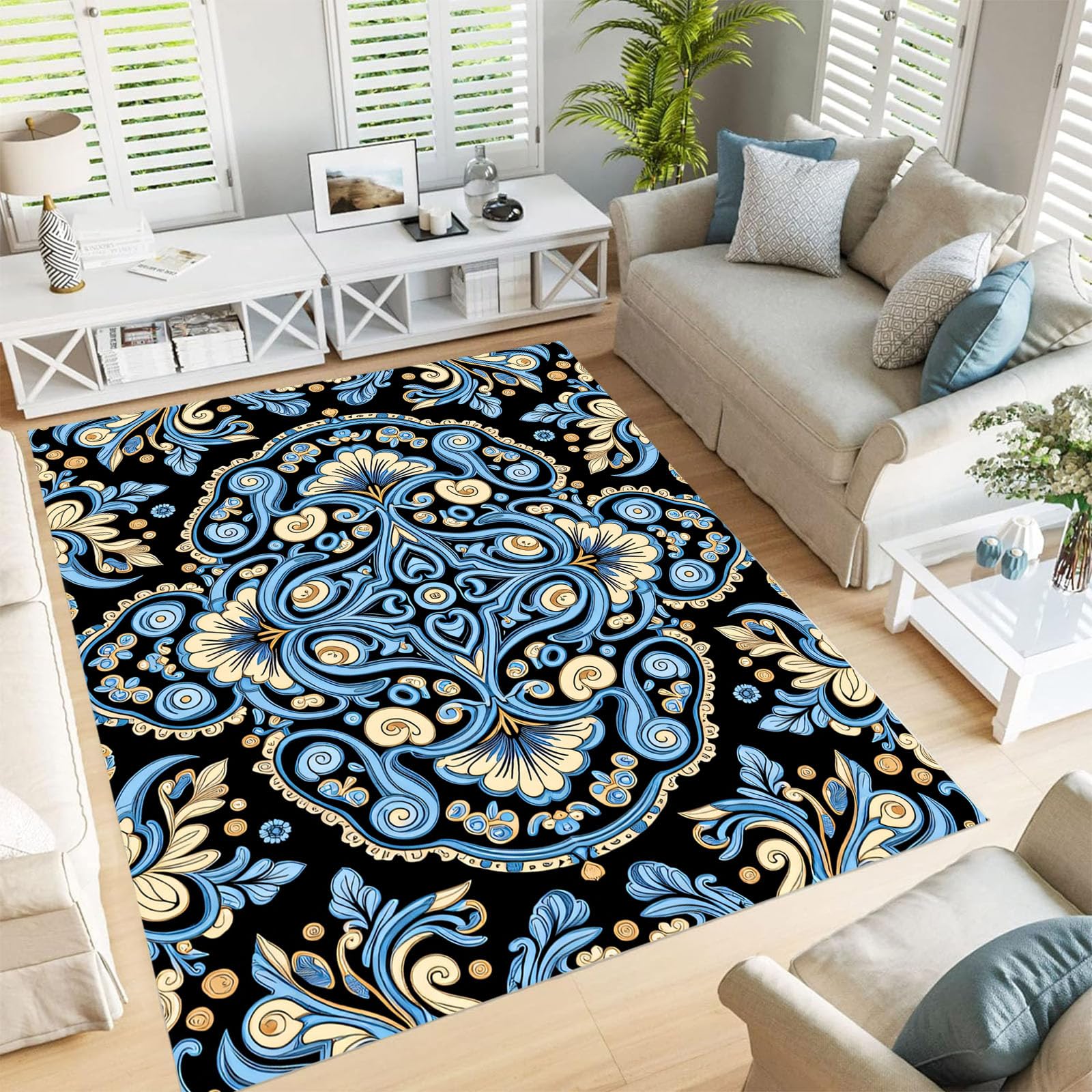 Tapis salon 120x180cm ethnique traditionnel bleu royal chambre