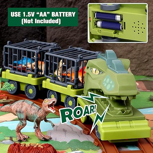 Miniatura 3 de Juego de tren de dinosaurios para niños, juguete de tren de dinosaurio con locomotora eléctrica y pista, 3 autos de tracción, huevos de dinosaurio,