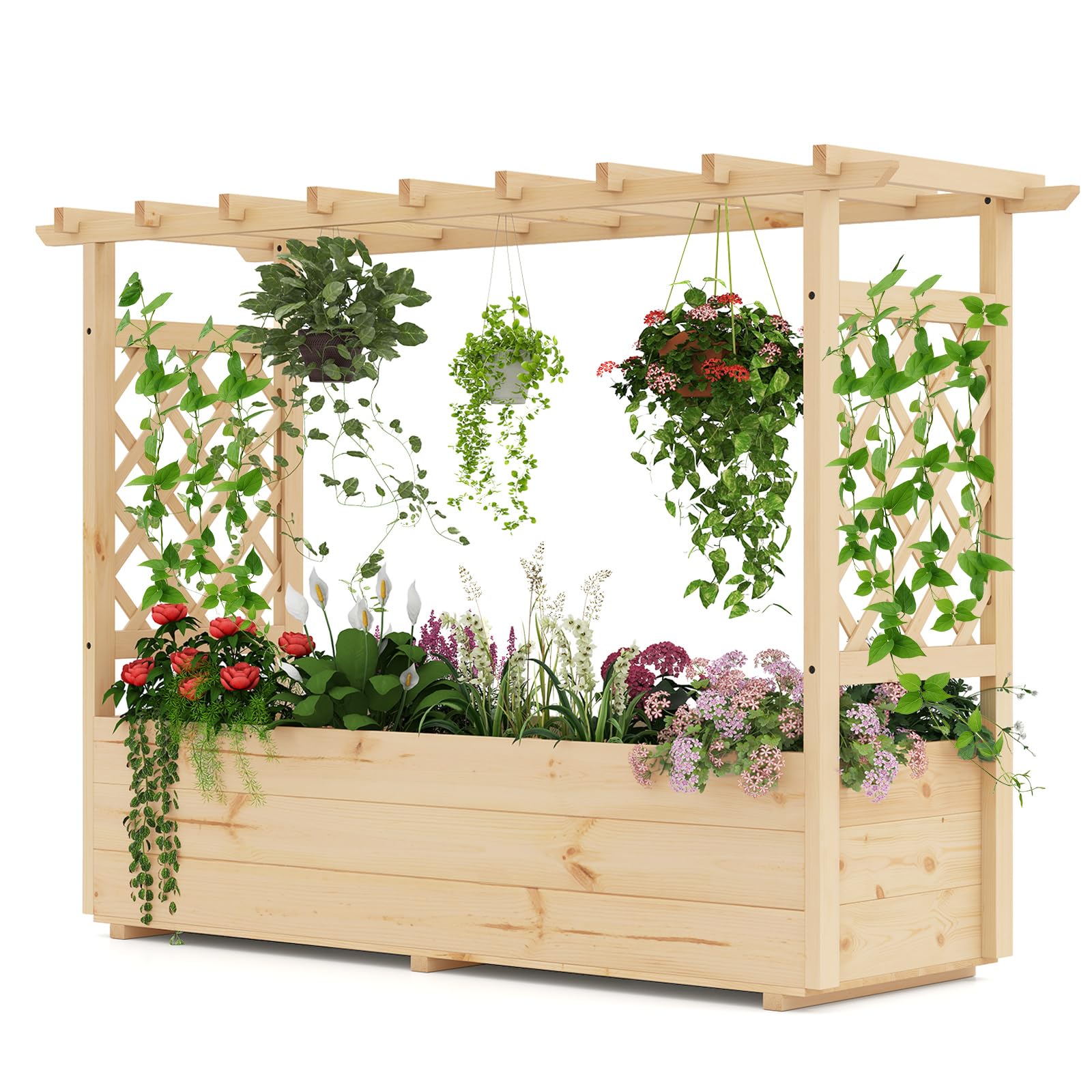 HOMASIS Jardinière Surélevée avec Treillis & Etagère de Toit, Lit de Jardin en Bois avec Trous de Drainage, Bac à Fleurs pour Plantes Grimpantes, Légumes, Fleurs, Herbes pour Extérieur (Grand)