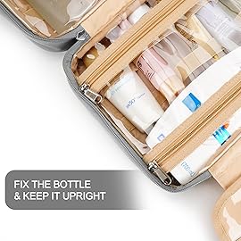 Travel Hanging Toiletry Bag for Women and Men, with 8 Leak Proofing Silicone Bottle Covers, Waterproof Makeup Accessories, Cosmetic Essentials, Cruise Ship Toiletries Bag with Jewelry Organizer, Pink