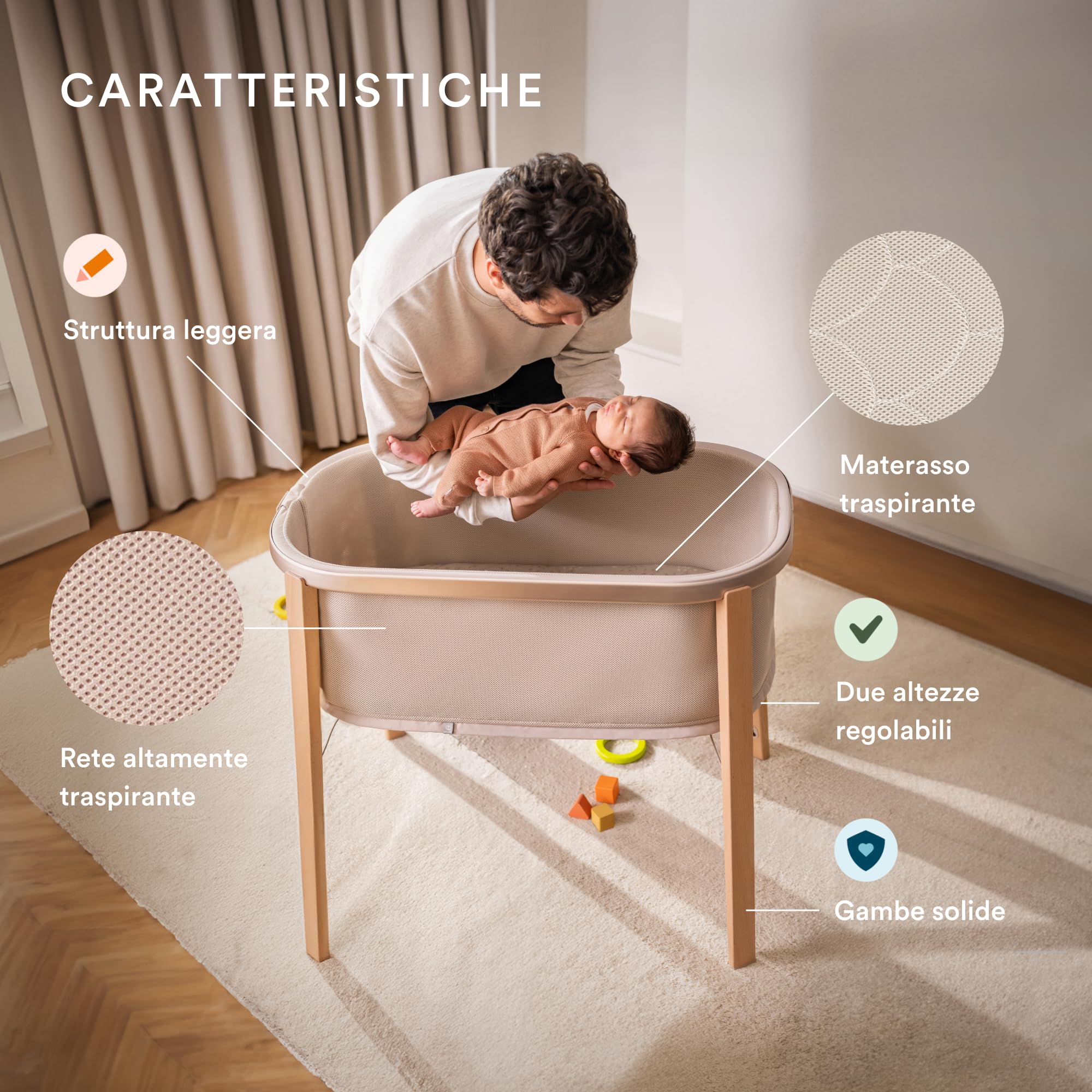 Culla Stokke Snoozi, Sandy Beige - Cresce con i bambini dalla nascita ai 9 mesi - Design portatile e leggero - Include materasso rigido