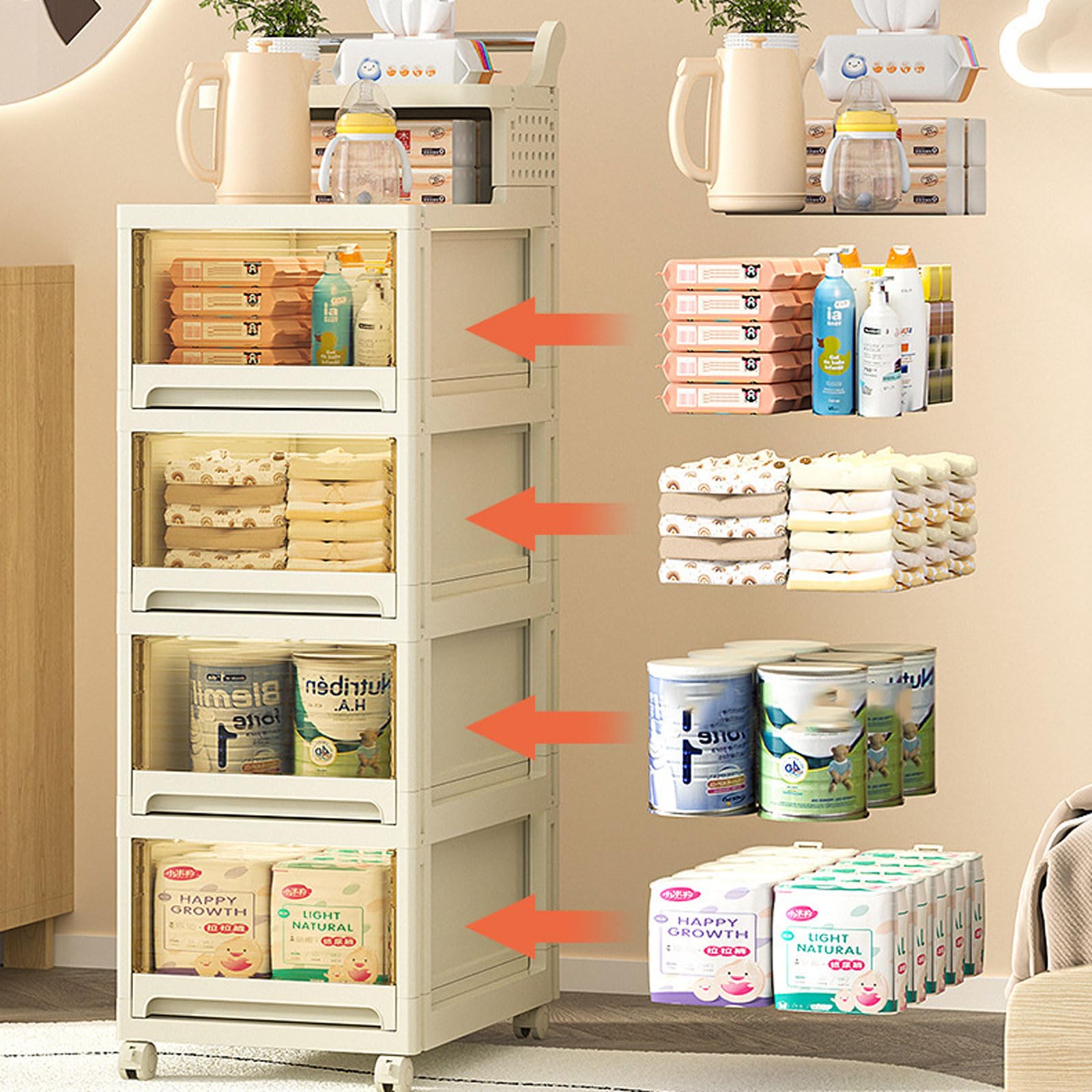 Gabinete de Almacenamiento de Baño Delgado con Ruedas Carro de Cocina Estrecho con Asa, Gabinete de Piso Impermeable con Ruedas Y Cajones para Espacios Pequeños