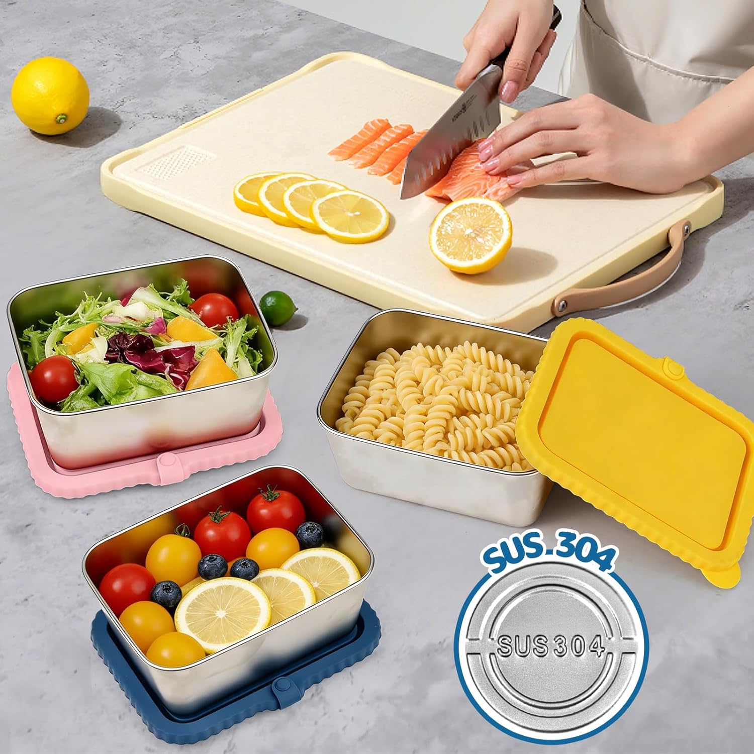 4 Pack Large Stainless Steel Snack Containers with Silicone Lids, 20oz Reusable Food Storage Meal Prep Containers for Office Travel Picnic On-the-Go, Leakproof Stackable Metal Lunch Box