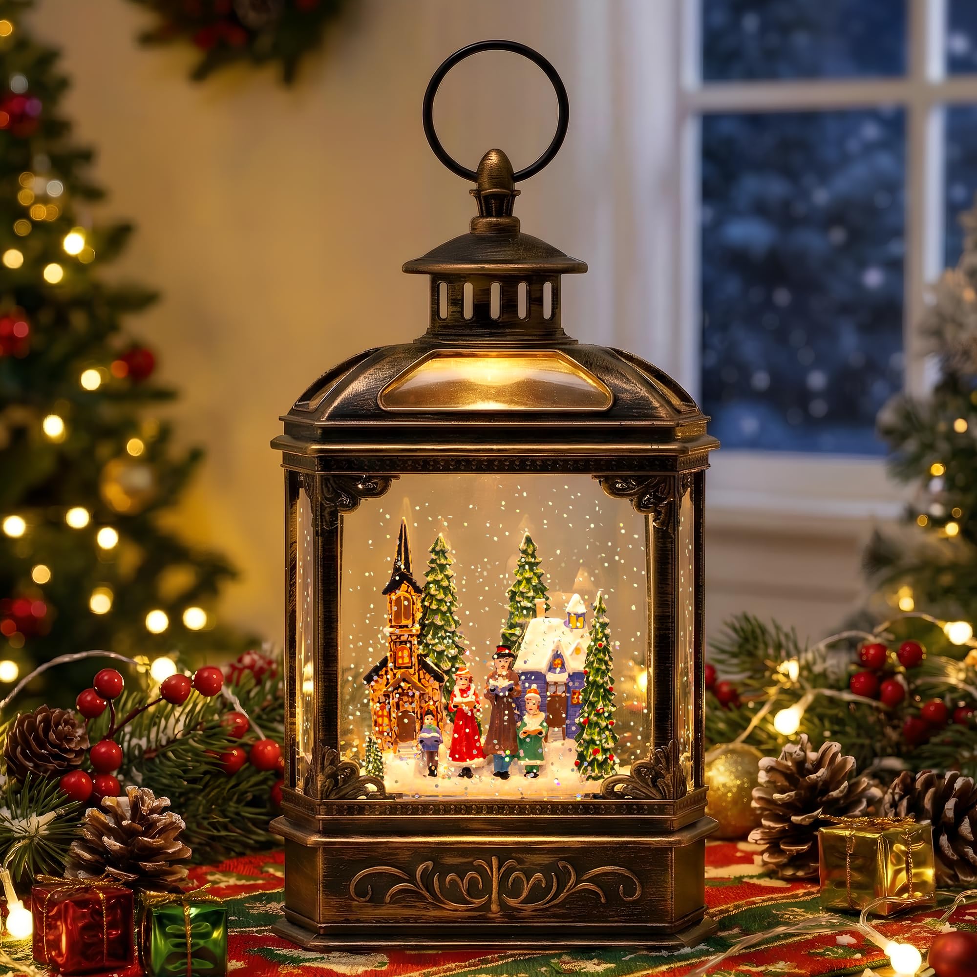 Christmas Snow Globe Lantern Water Glittering Town Home with Carolers, Music &amp; Timer, USB Lined/Battery Operated Lighted Lantern for Christmas Festival Decoration Gifts