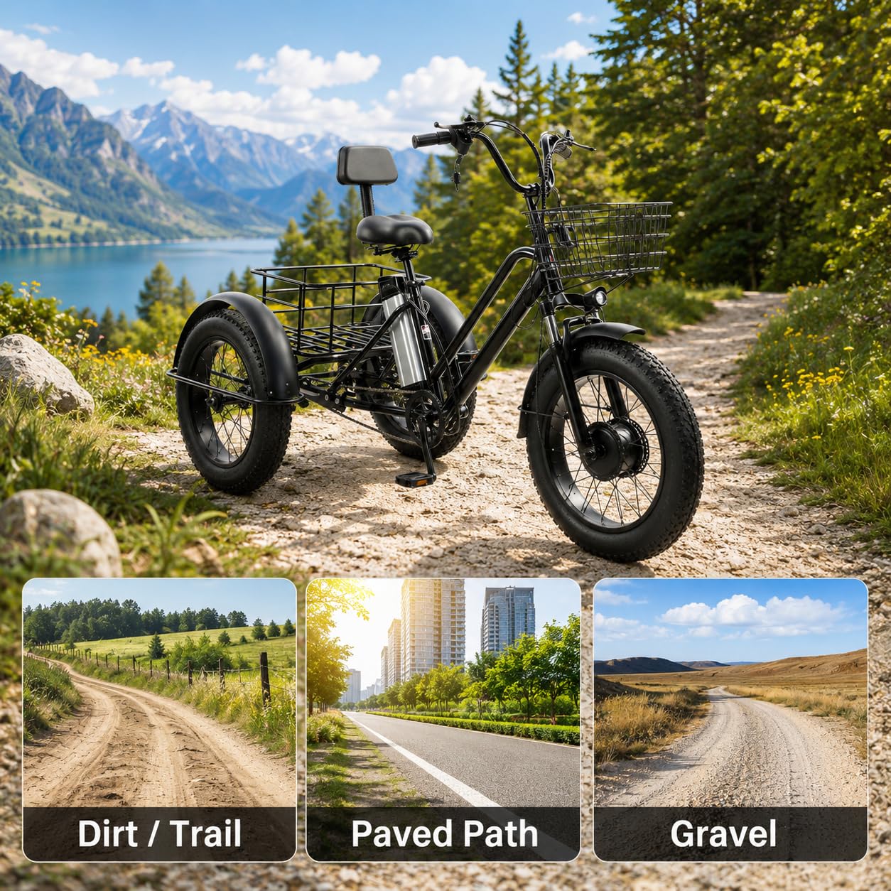 Vélo Cargo Électrique, Tricycle électrique 3 Roues pour Adultes, Pneus Larges 20'', Batterie Amovible 48V/12Ah, Autonomie 35Km, Charge Maximale 200Kg