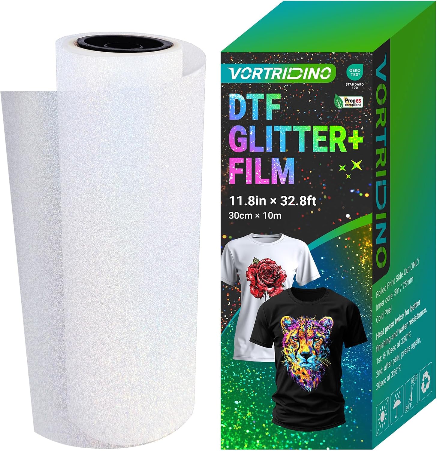 VORTRIDINO Glitter DTF Transfer Film 11.8in x 32.8ft DTF Glitter Transfer Film Roll, Cold Peel DTF Glitter Film DTF Transfer Film for DTF Sublimation DIY