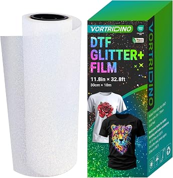 VORTRIDINO Glitter DTF Transfer Film 11.8in x 32.8ft DTF Glitter Transfer Film Roll, Cold Peel DTF Glitter Film DTF Transfer Film for DTF Sublimation DIY