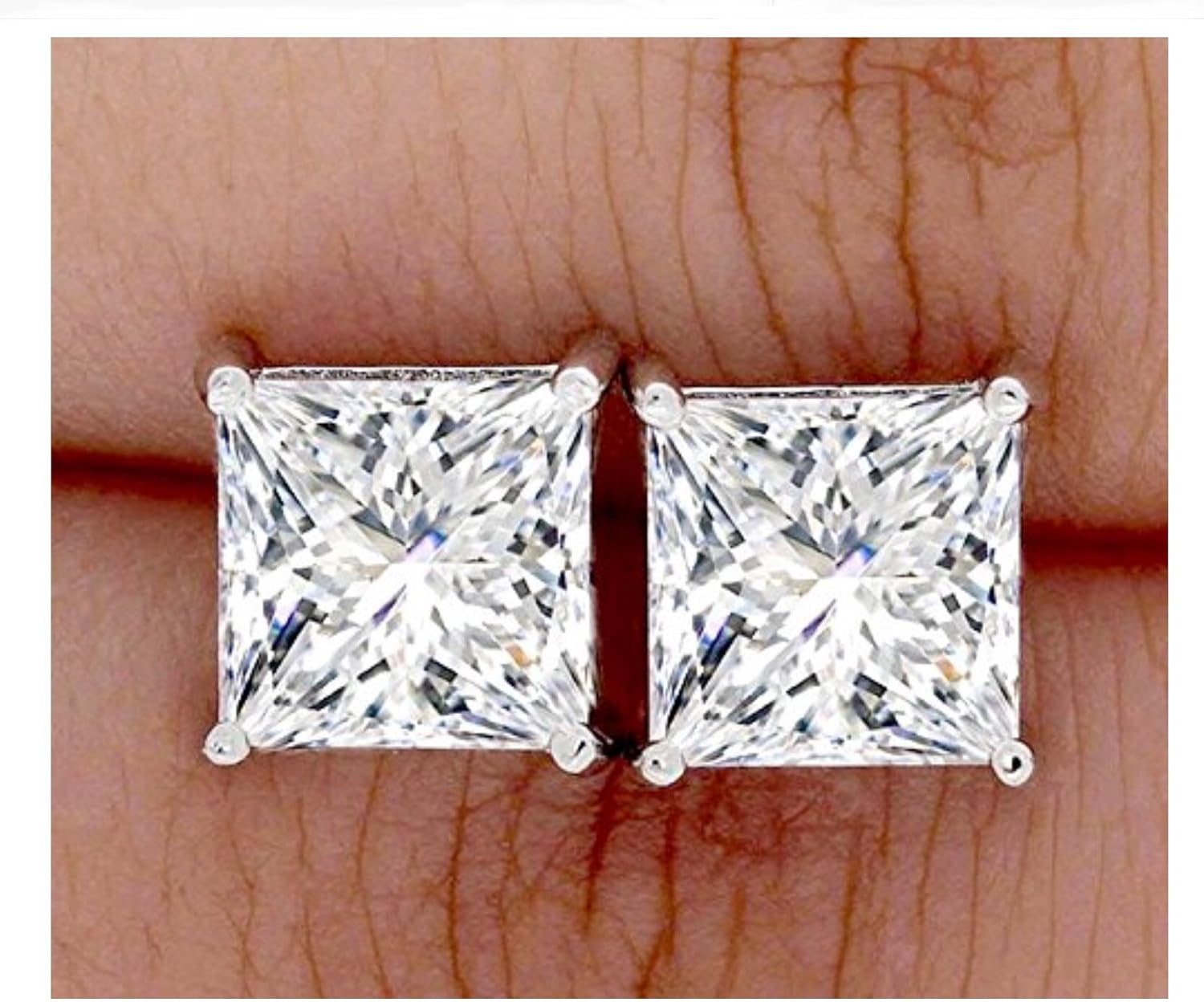 Supreme Realistic Princess Cut NSCD Simulated Diamond Solitaire Earrings Earstuds Screw Back Solid 925 SIlver Platinum Plated 1 2 Carats different sizes 5mm 6mm 7mm