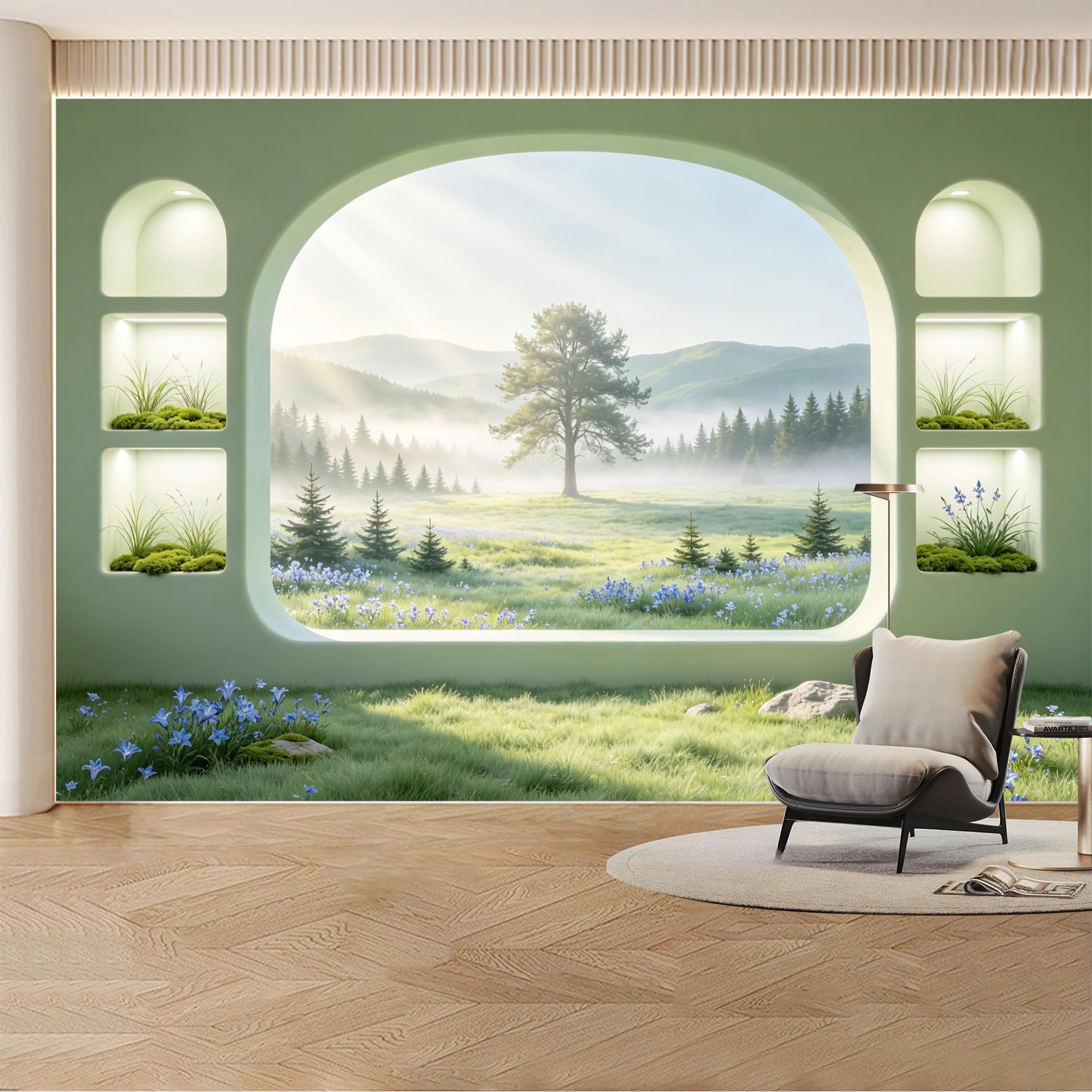 Custom Wall Mural Wallpaper Misty Forest Path， Landscape Nature 3D Effect Wall Decor， Sunset Nordic Removable SelfAdhesive Large Photo for Living Room， Bedroom， Office