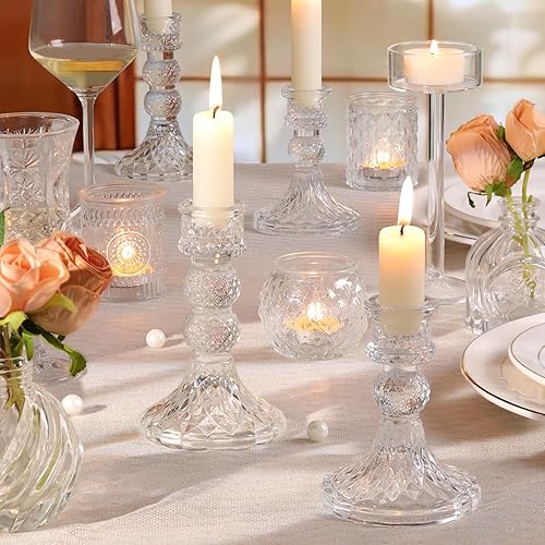 Miniatura 7 de DARJEN Juego de 6 portavelas de cristal transparente, 4 pulgadas de alto y 5 pulgadas de alto para candelabros y velas de pilar, candelabros de