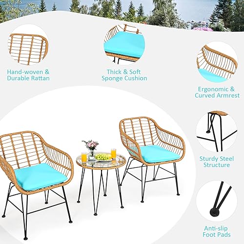 Miniatura 3 de KOTEK Juego de 3 piezas de patio bistró, juego de conversación de ratán para exteriores con mesa de centro de cristal y cojines de asiento, juego de