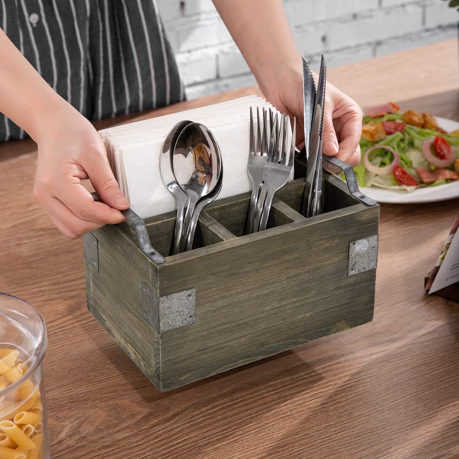 Buy 1 get 1 MyGift Vintage Reclaimed Style Gray Wood Utensil and Napkin Holder Serving Caddy with Rustic Galvanized Metal Handles and Corner Wrap Accents Get Cheap Price MyGift Vintage Reclaimed Style Gray Wood Utensil and Napkin Holder Serving Caddy with Rustic Galvanized Metal Handles and Corner Wrap Accents